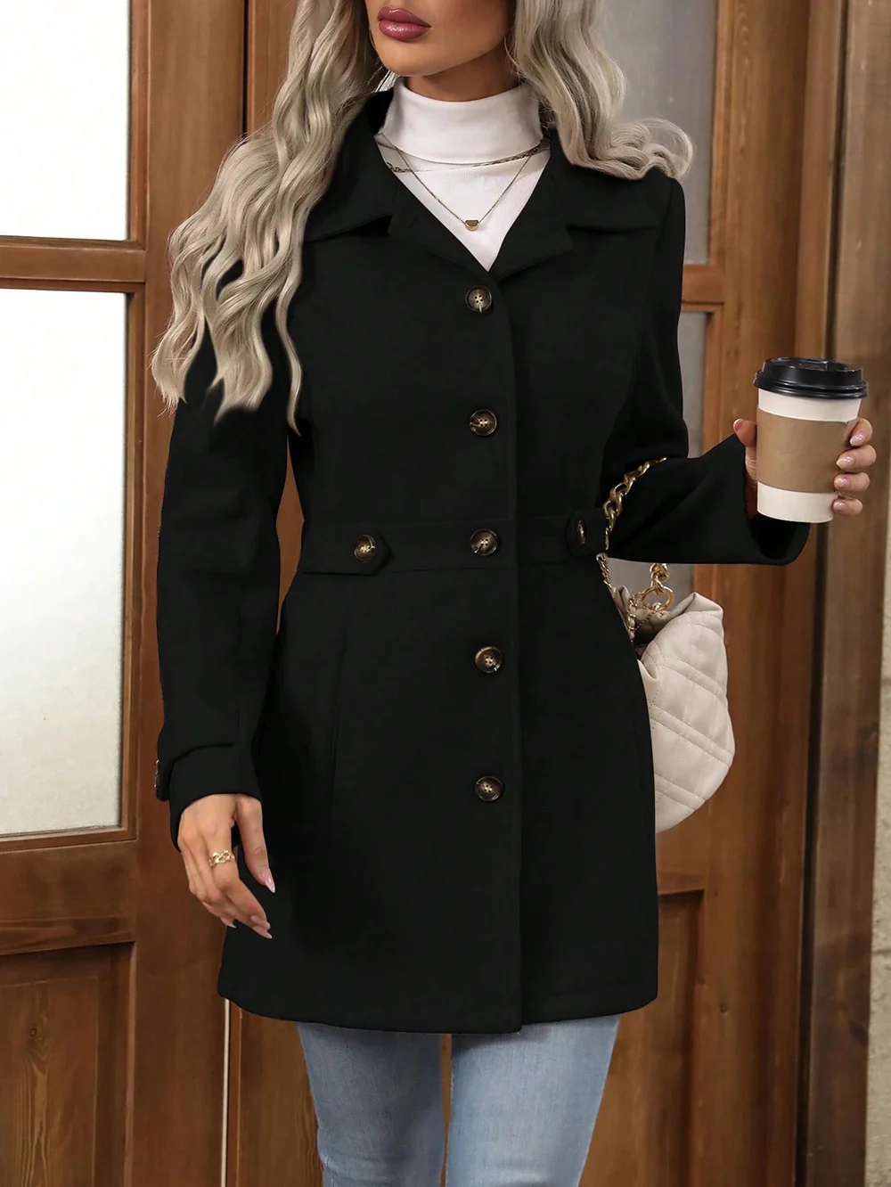 Black Big Collar Full Sleeve Long Belted Buttoned Coat - Image 4