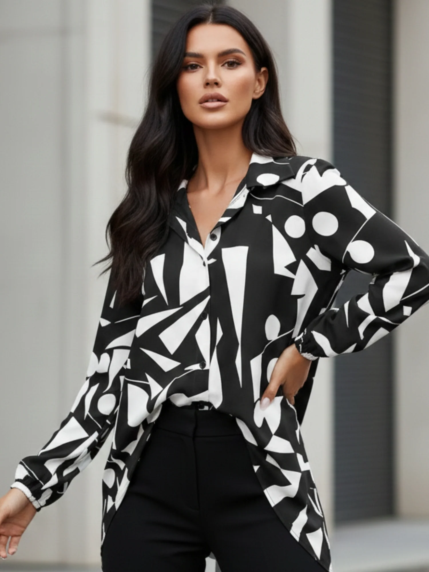 Black Bishop Sleeve Collared Neck Printed Dress - Image 3