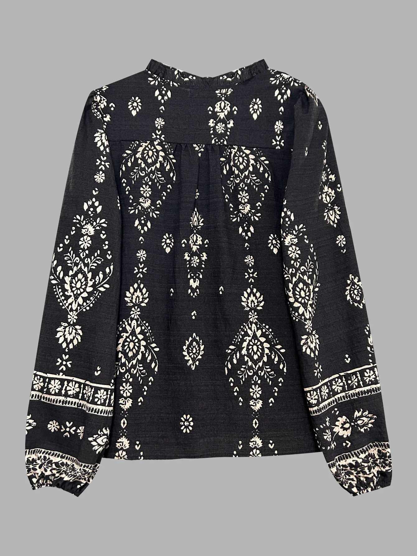 Black Bishop Sleeve Front Buttoned Printed Top - Image 2