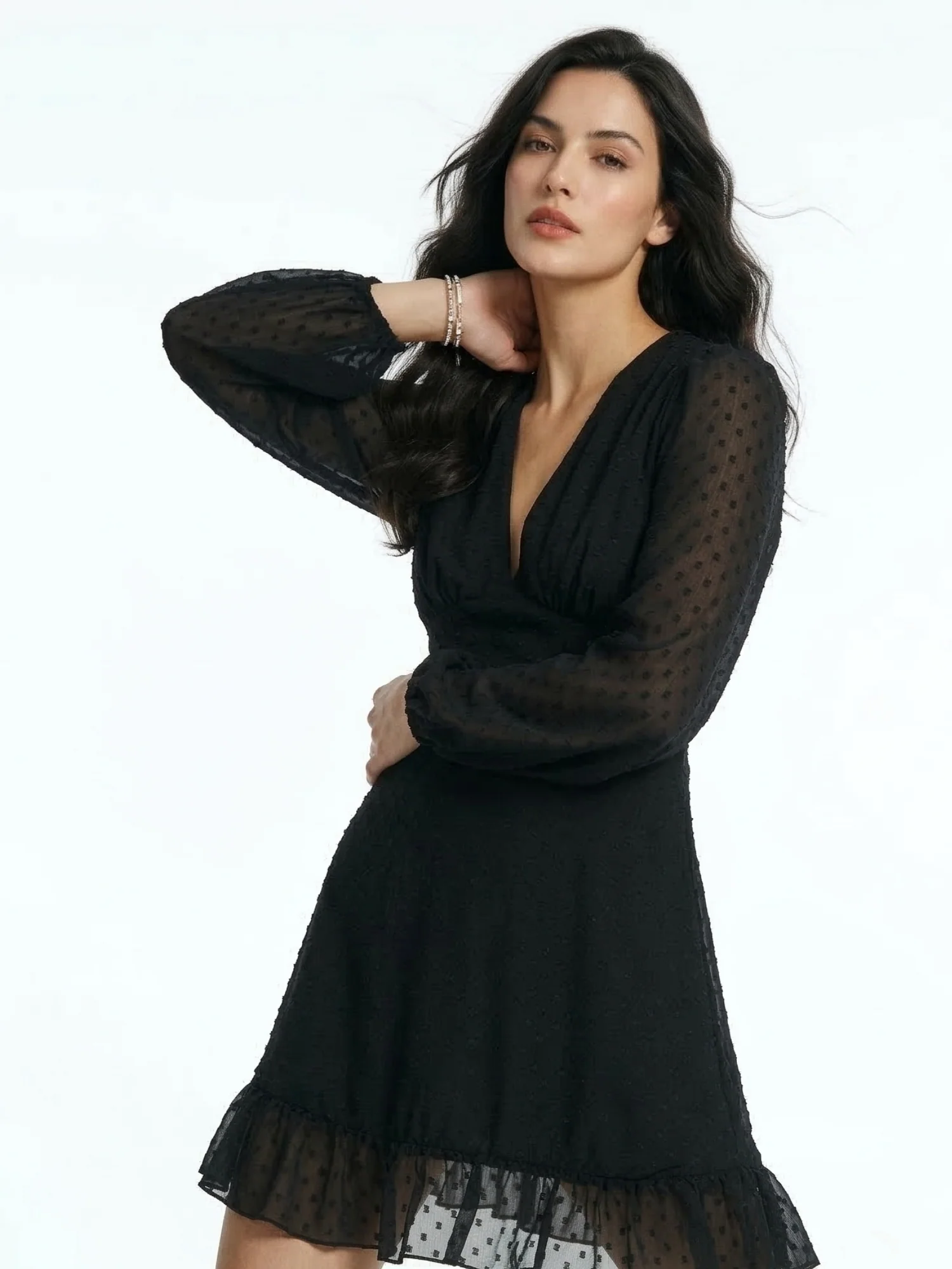 Black Bishop Sleeve V Neck Dress - Image 3