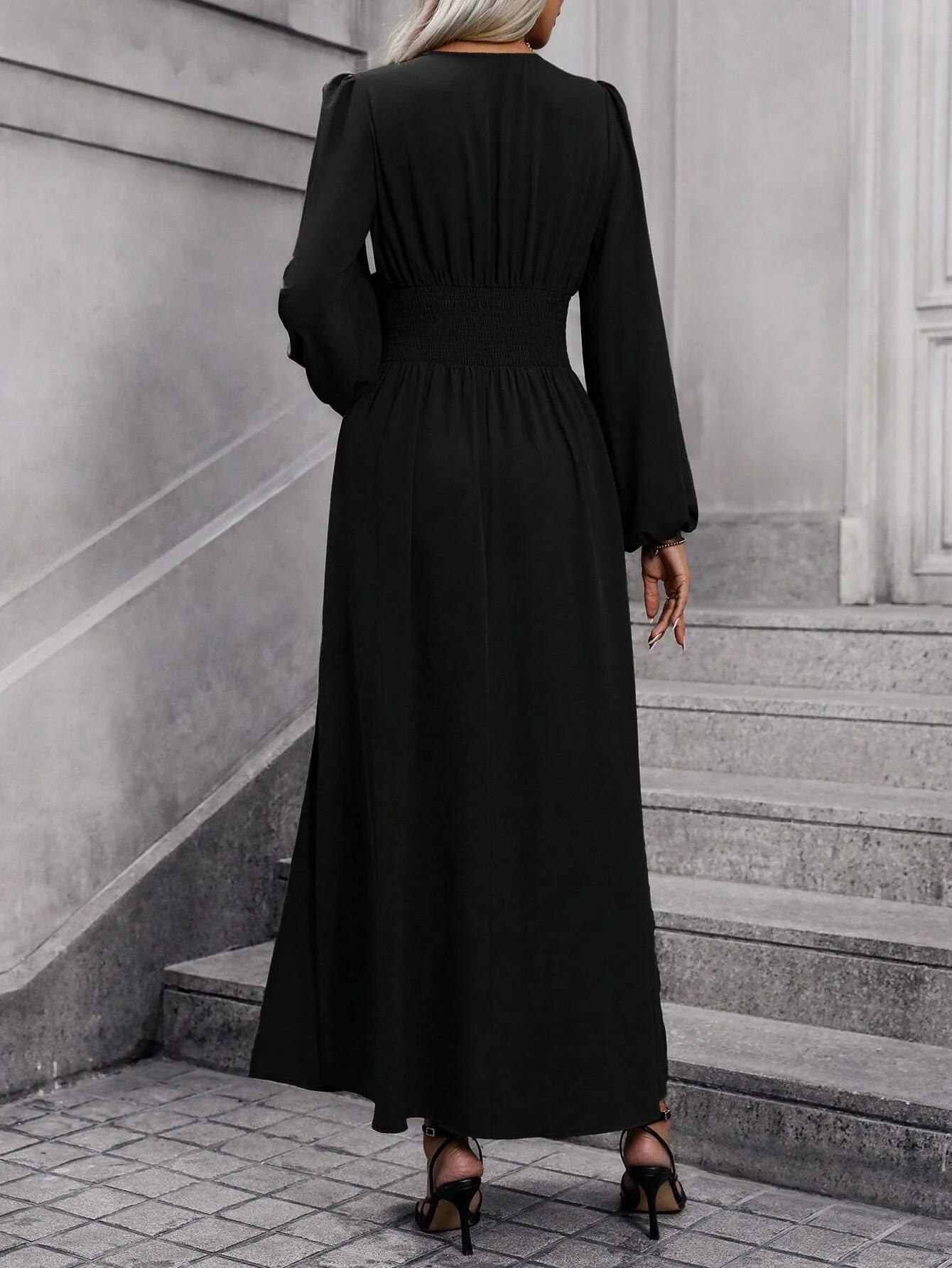 Black Bishop Sleeve V Neck Flared Side Slit Dress - Image 3