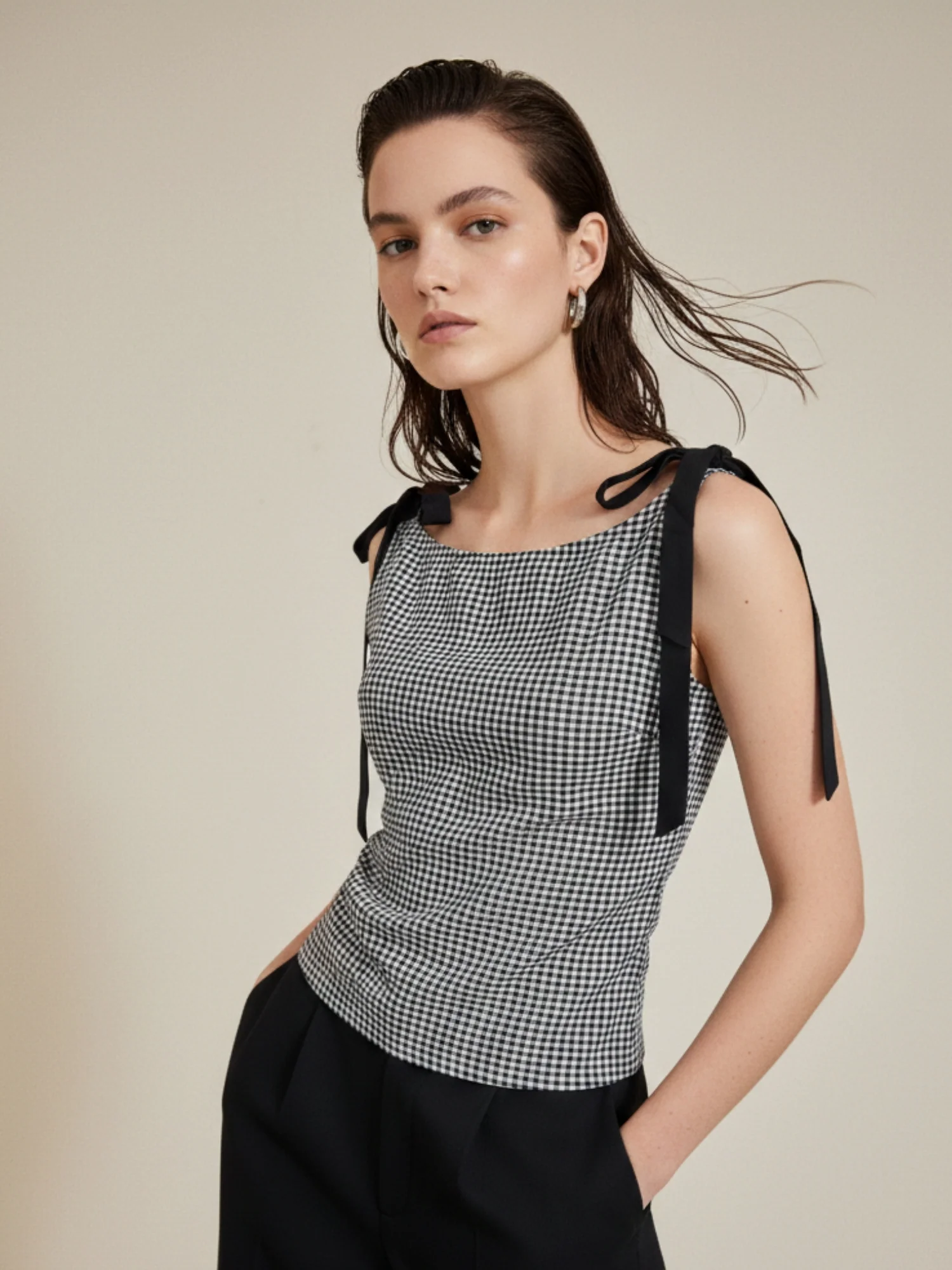 Black Boat Neck Ghingham Knotted Bow Top - Image 2