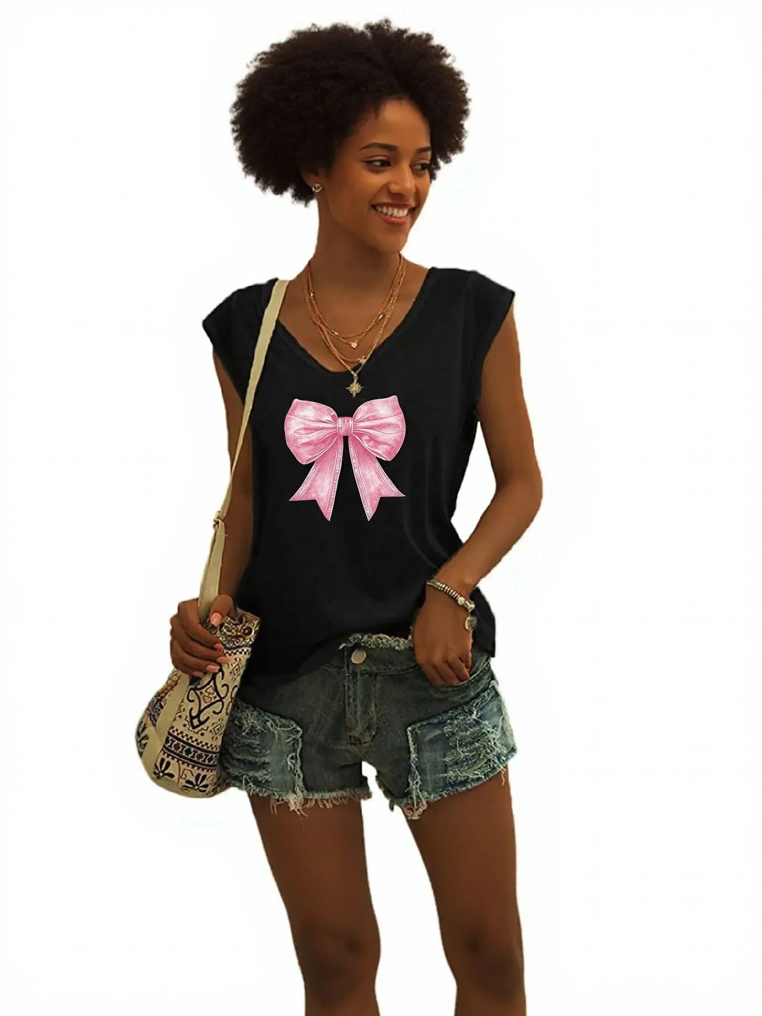 Black Bow Print Cap Sleeve Grpahic Tshirt