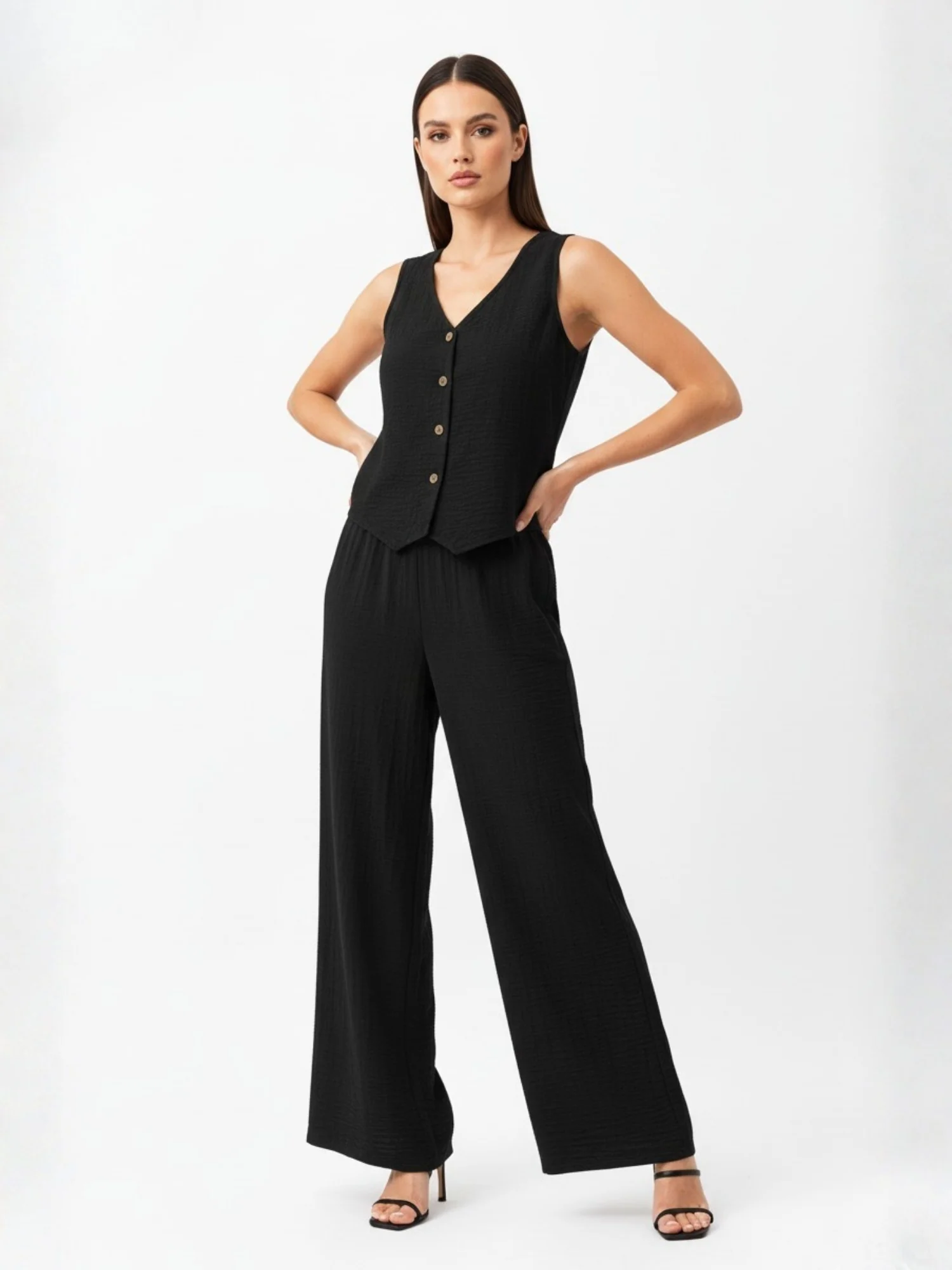 Black Button Down Vest And Pant Co-Ord Set - Image 3