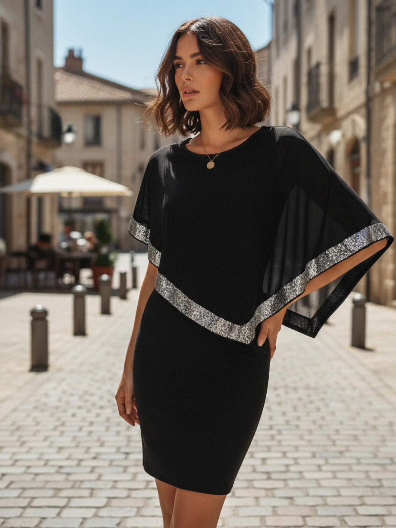 Black Cape Styled Sequined Border Dress - Image 2