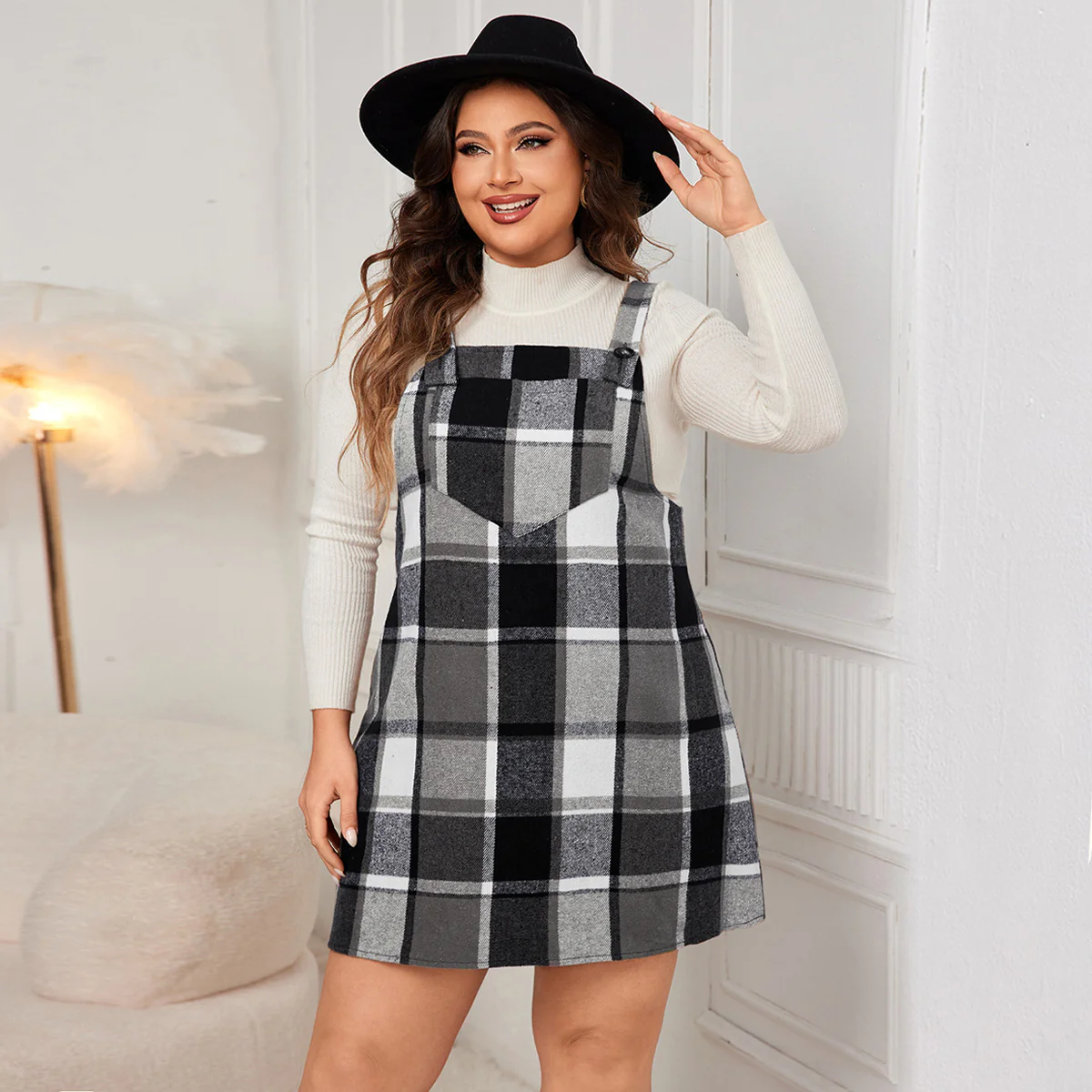 Black Check Mini Pinafore With Yoke Detail - Image 2