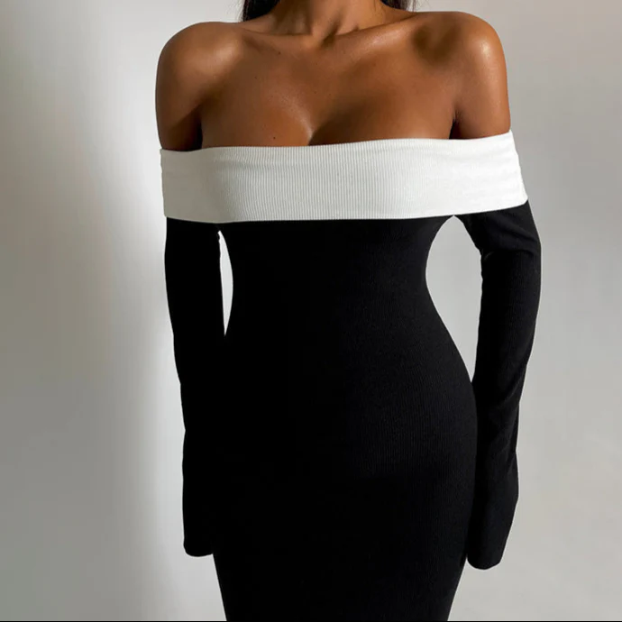 Black Contrast Off Shoulder Full Sleeves Maxi Dress - Image 2