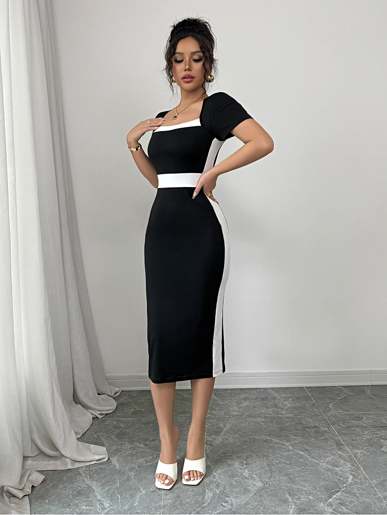 Black Contrast Tipping Bodycon Dress - Image 5