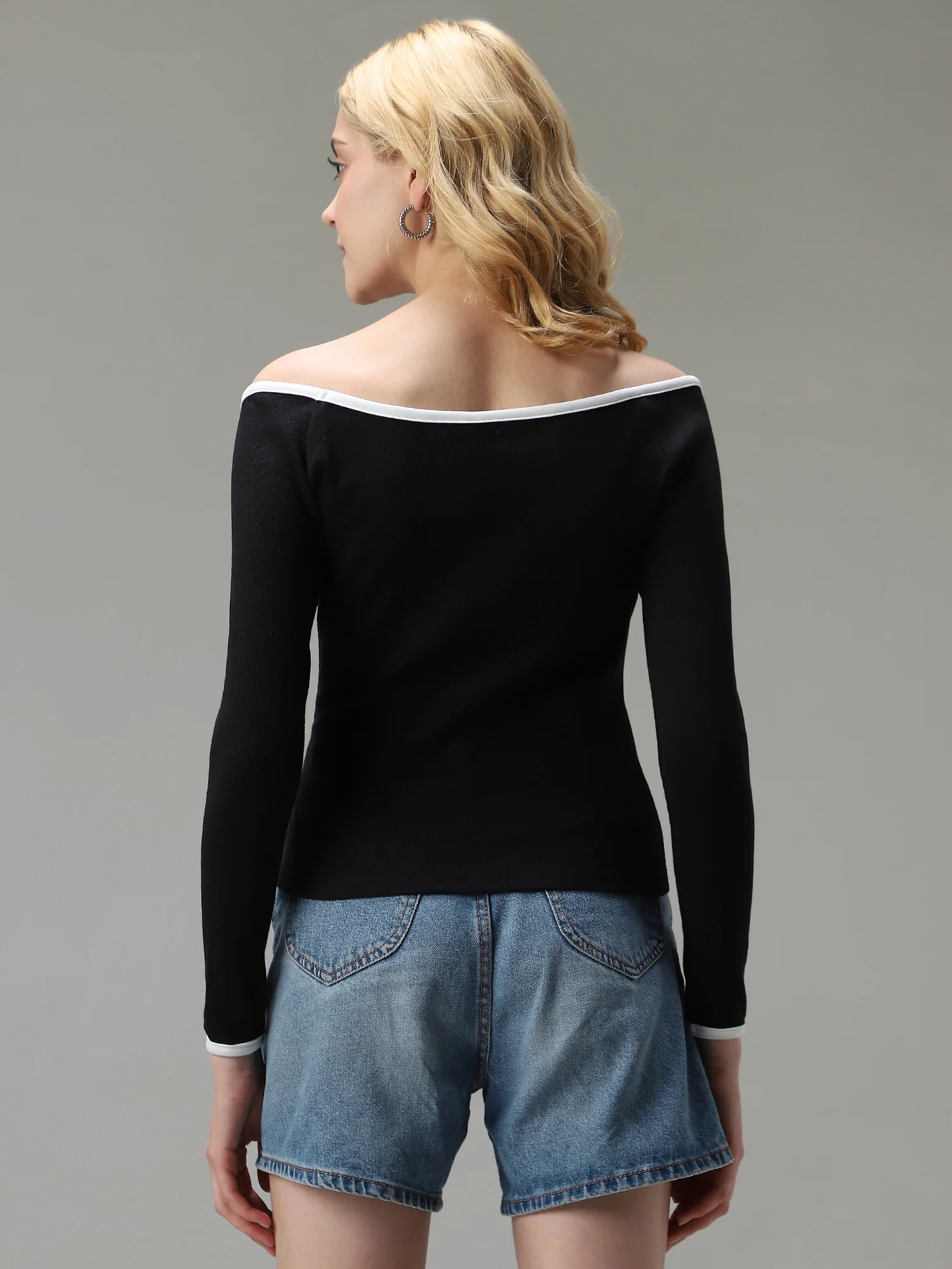 Black Contrast Tipping Ribbed Knit Top - Image 2