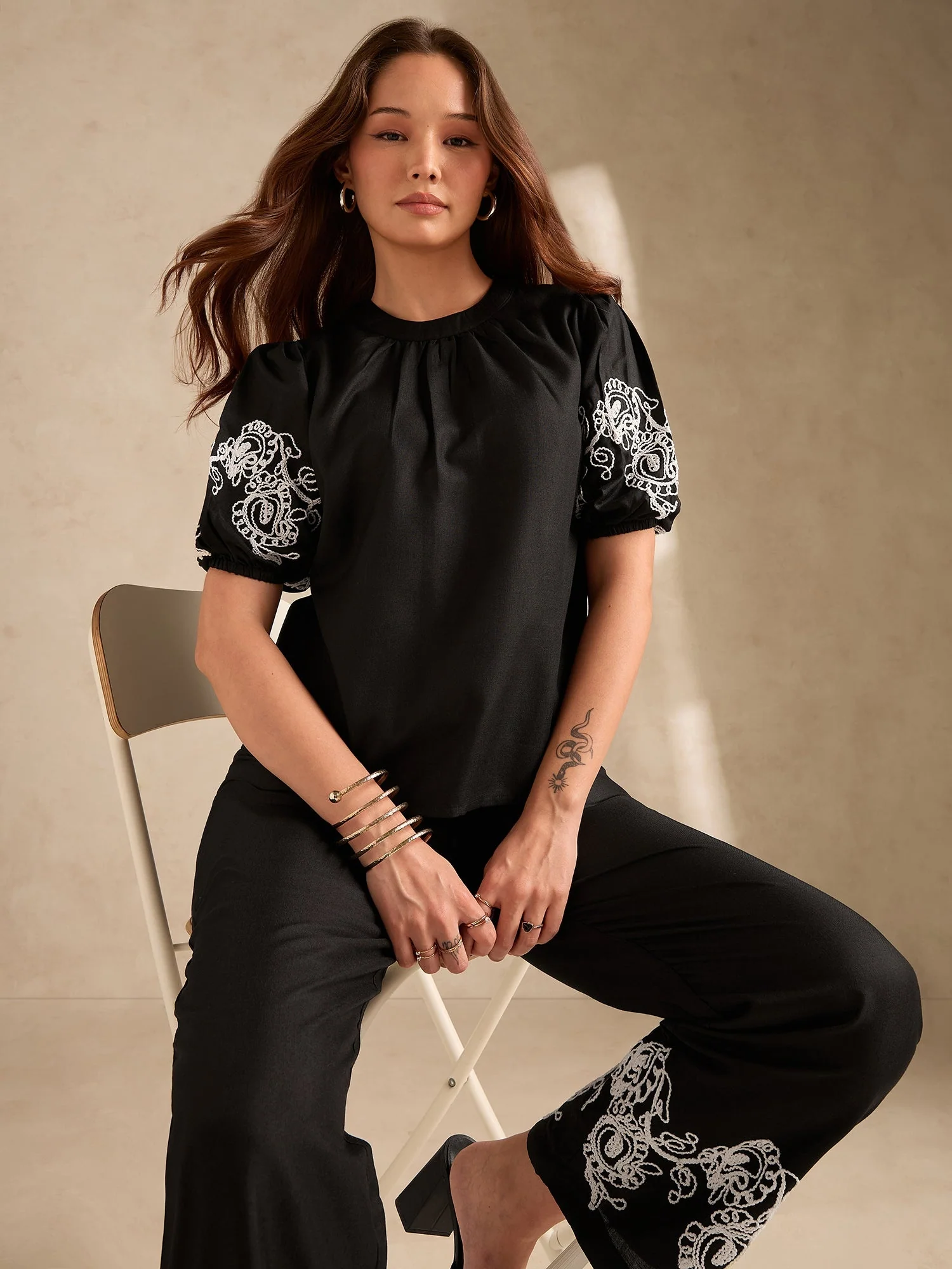 Black Co-Ord Set Embroidered Top With Straight Leg Trouser - Image 3