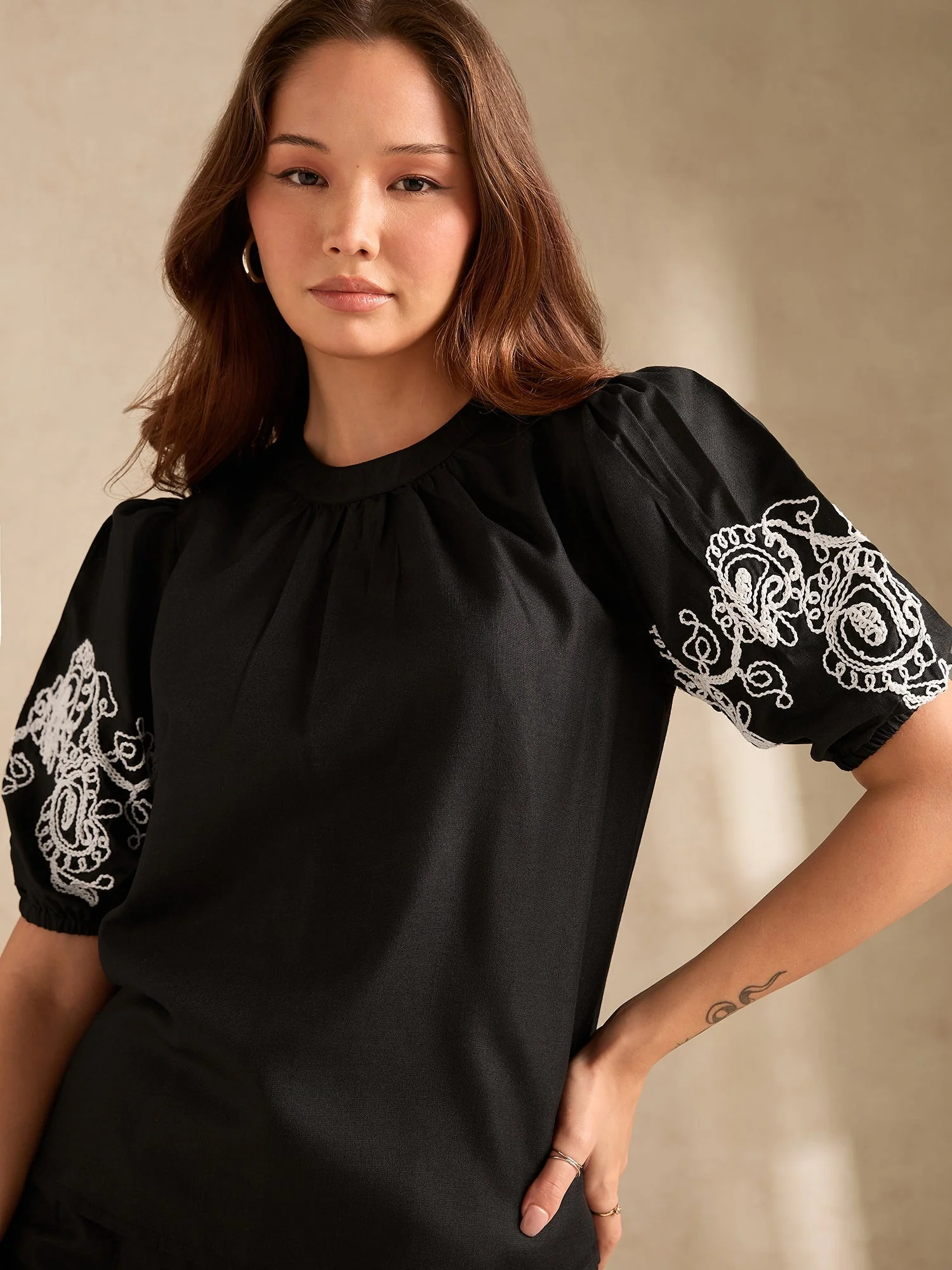 Black Co-Ord Set Embroidered Top With Straight Leg Trouser - Image 4