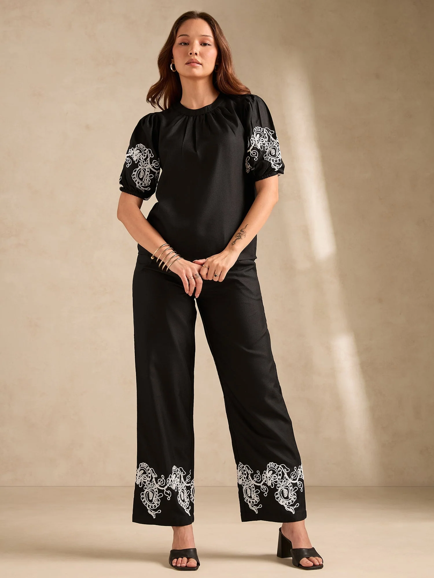 Black Co-Ord Set Embroidered Top With Straight Leg Trouser - Image 5