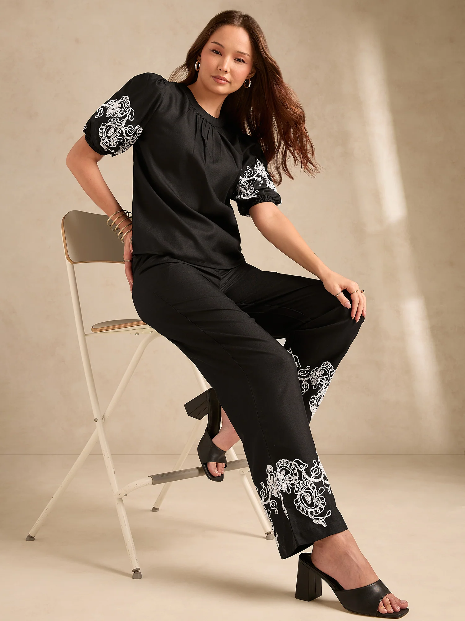 Black Co-Ord Set Embroidered Top With Straight Leg Trouser - Image 6