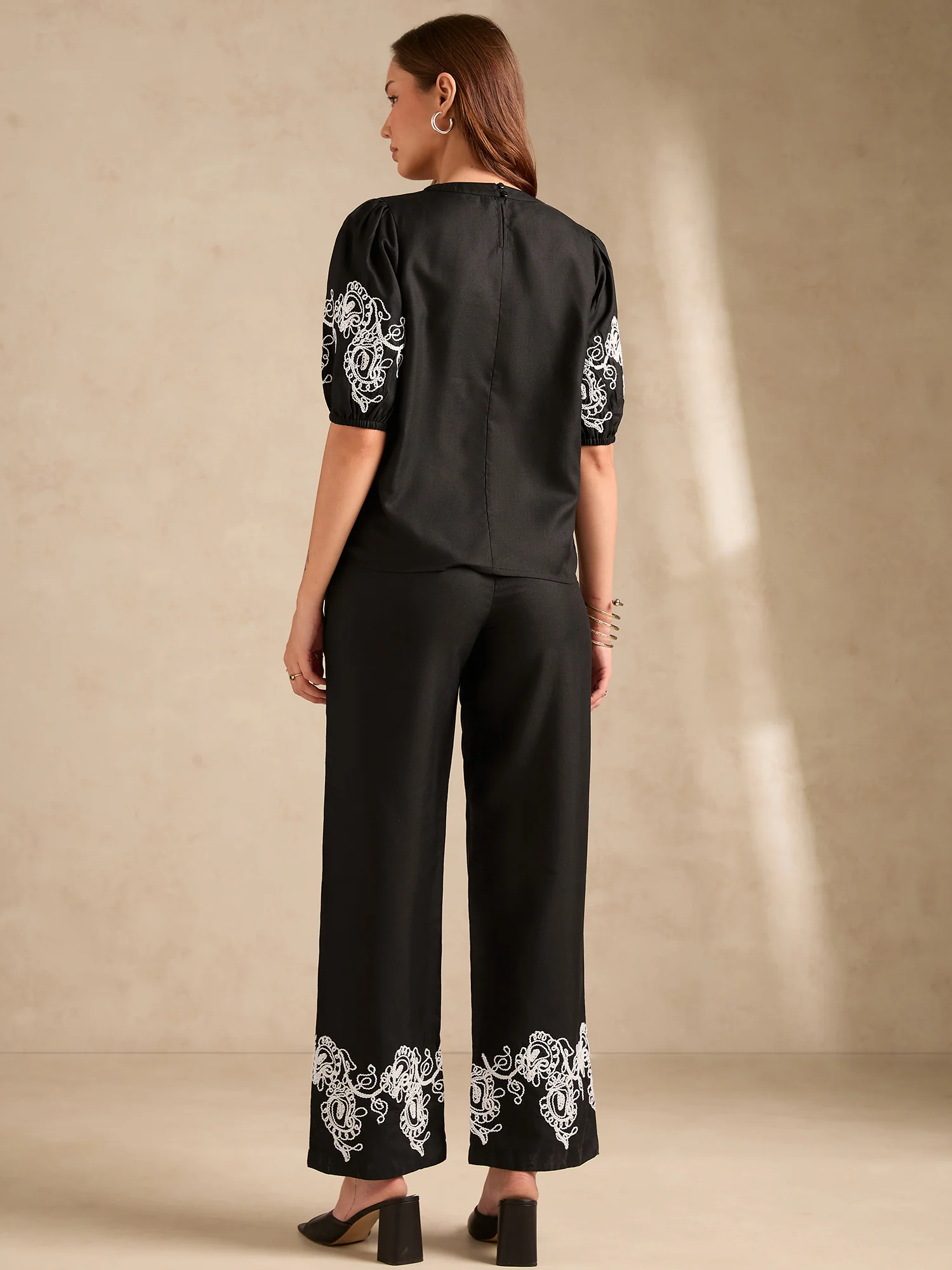 Black Co-Ord Set Embroidered Top With Straight Leg Trouser - Image 7