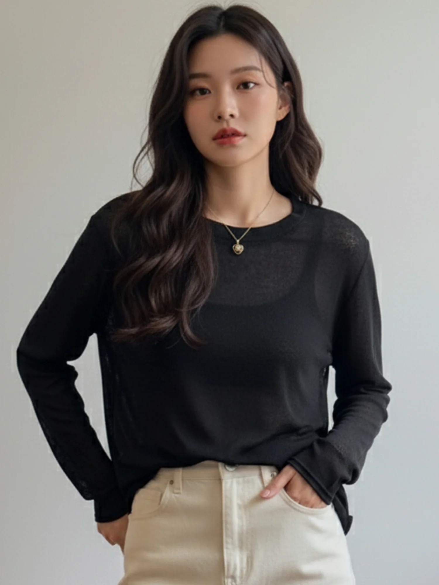 Black Crew Neck Full Sleeve Fine Knit Top - Image 2