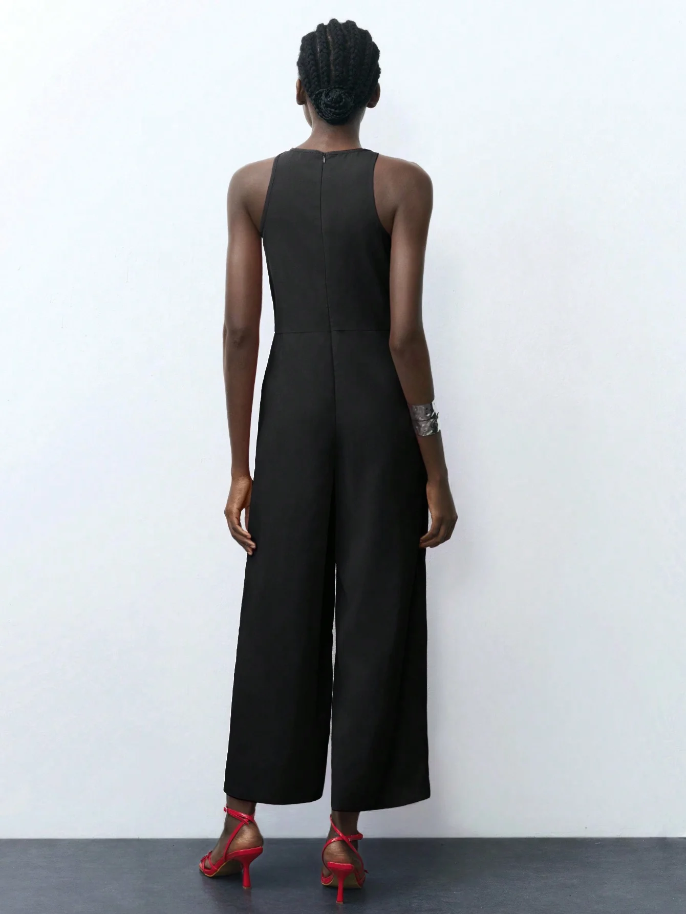 Black Cropped Jumpsuit With Square Cut Armhole Detail. - Image 2