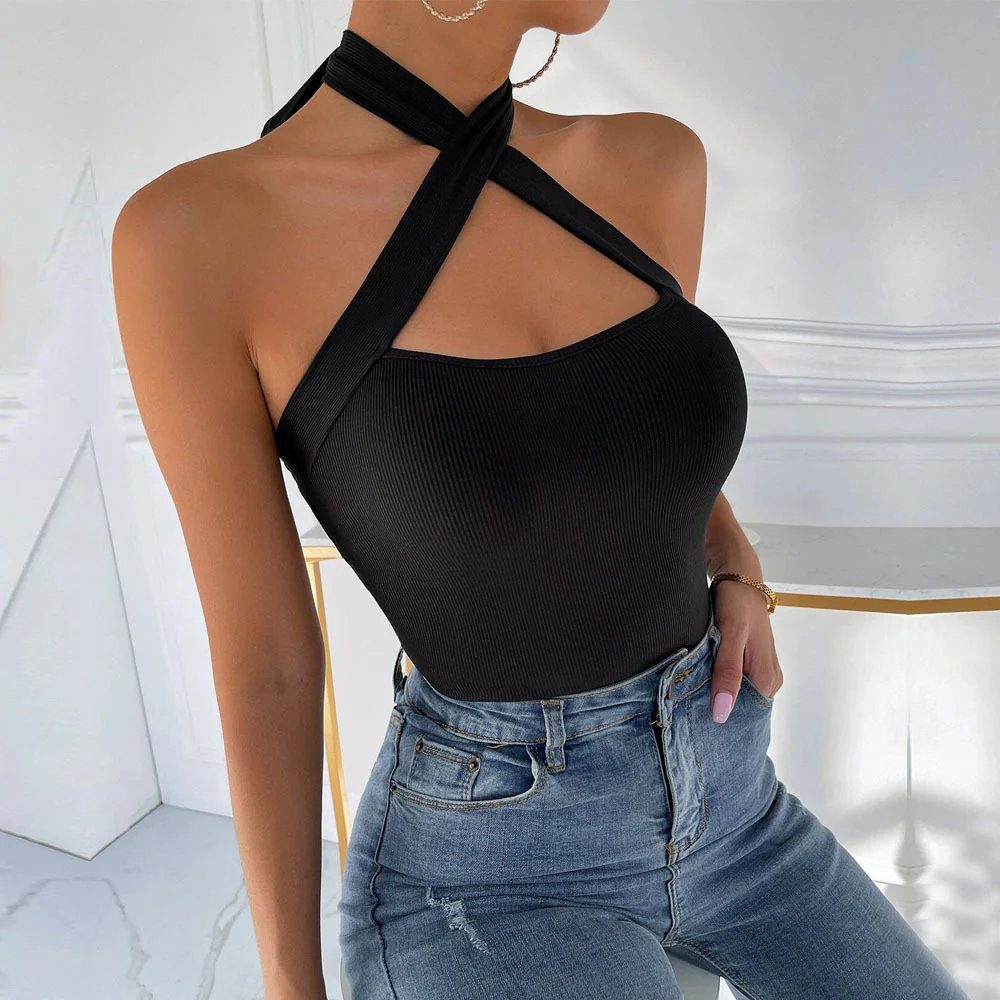 Black Cross Halter Fitted Top - Image 3