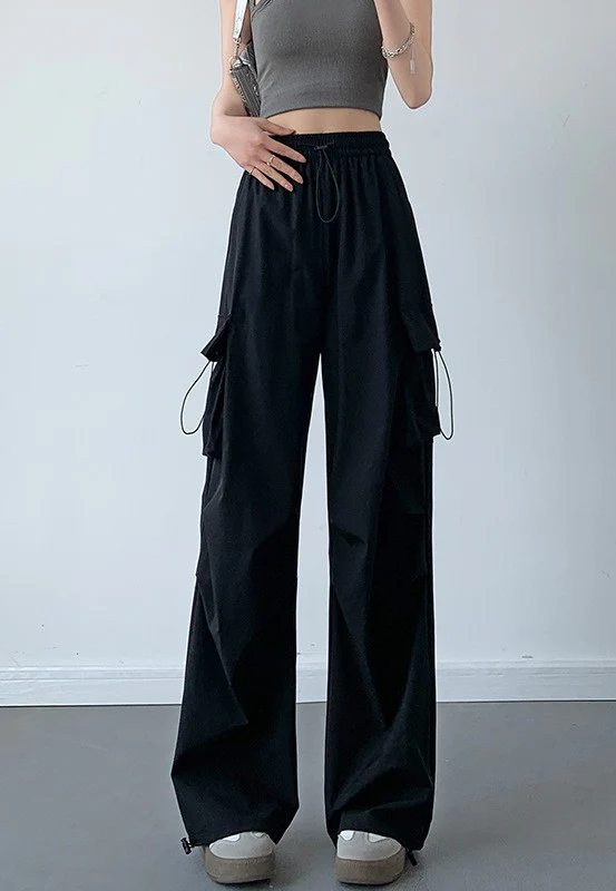 Black Drawstring Parchute Pin Tucked Cargo Pants - Image 2