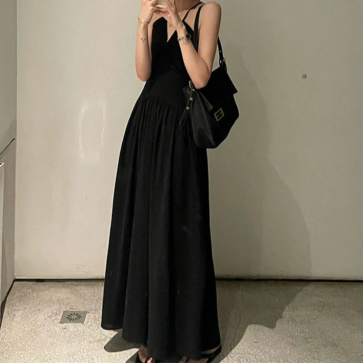 Black Drop Waist A-Line Halter Dress - Image 2