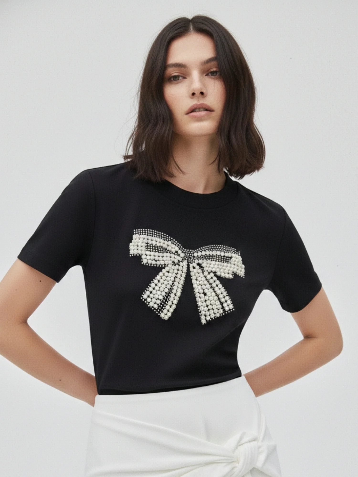 Black Embellished Large Bow T-Shirt - Image 3