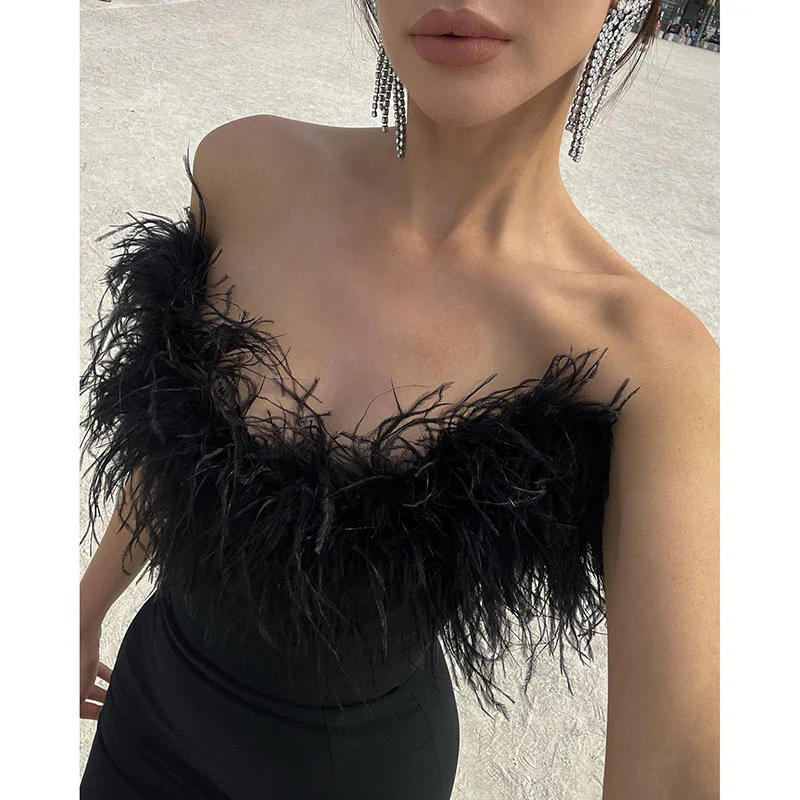 Black Feather Off Shoulder Maxi Dress - Image 2
