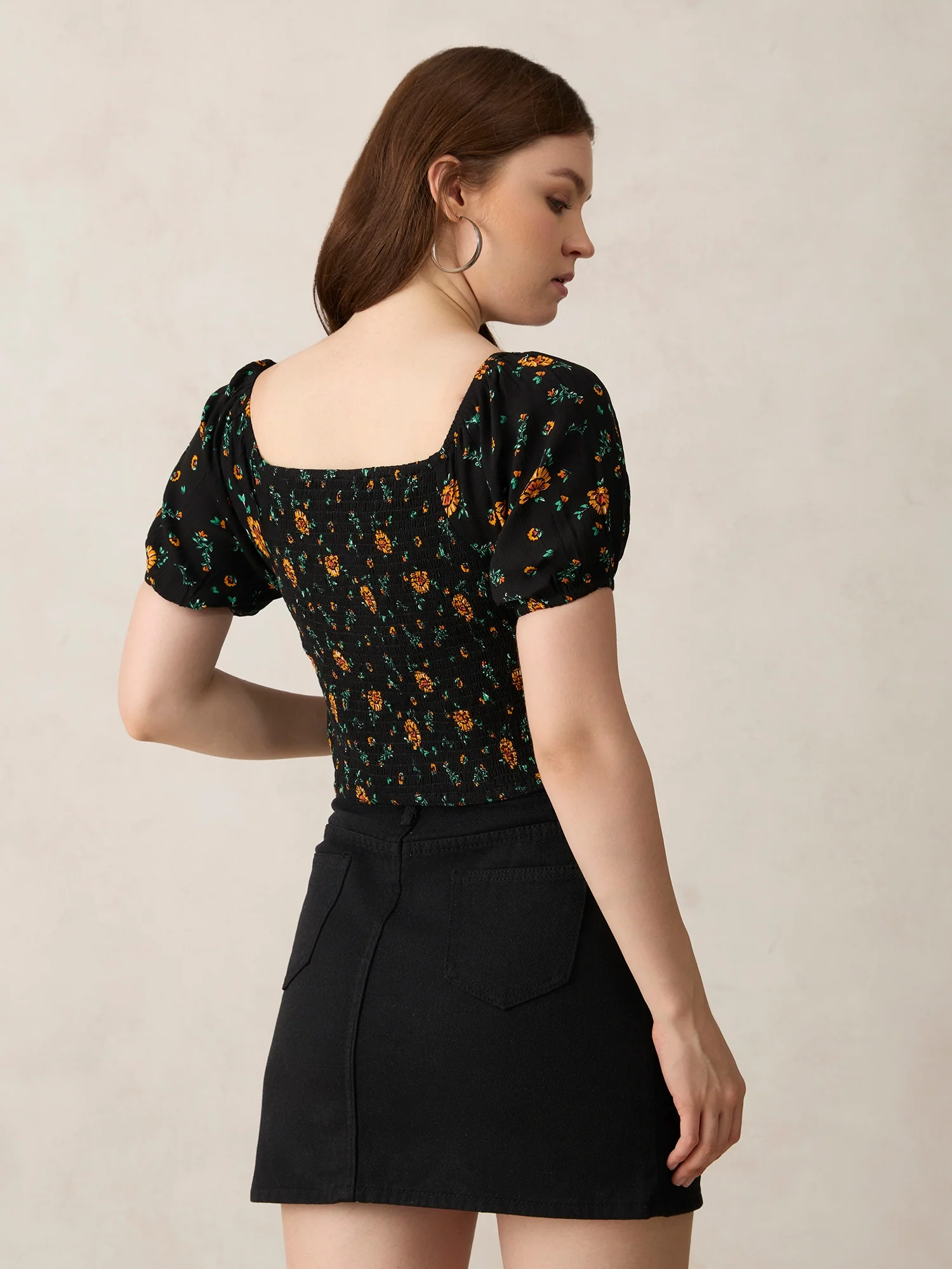 Black Fitted Top with Smocking Detail - Image 2