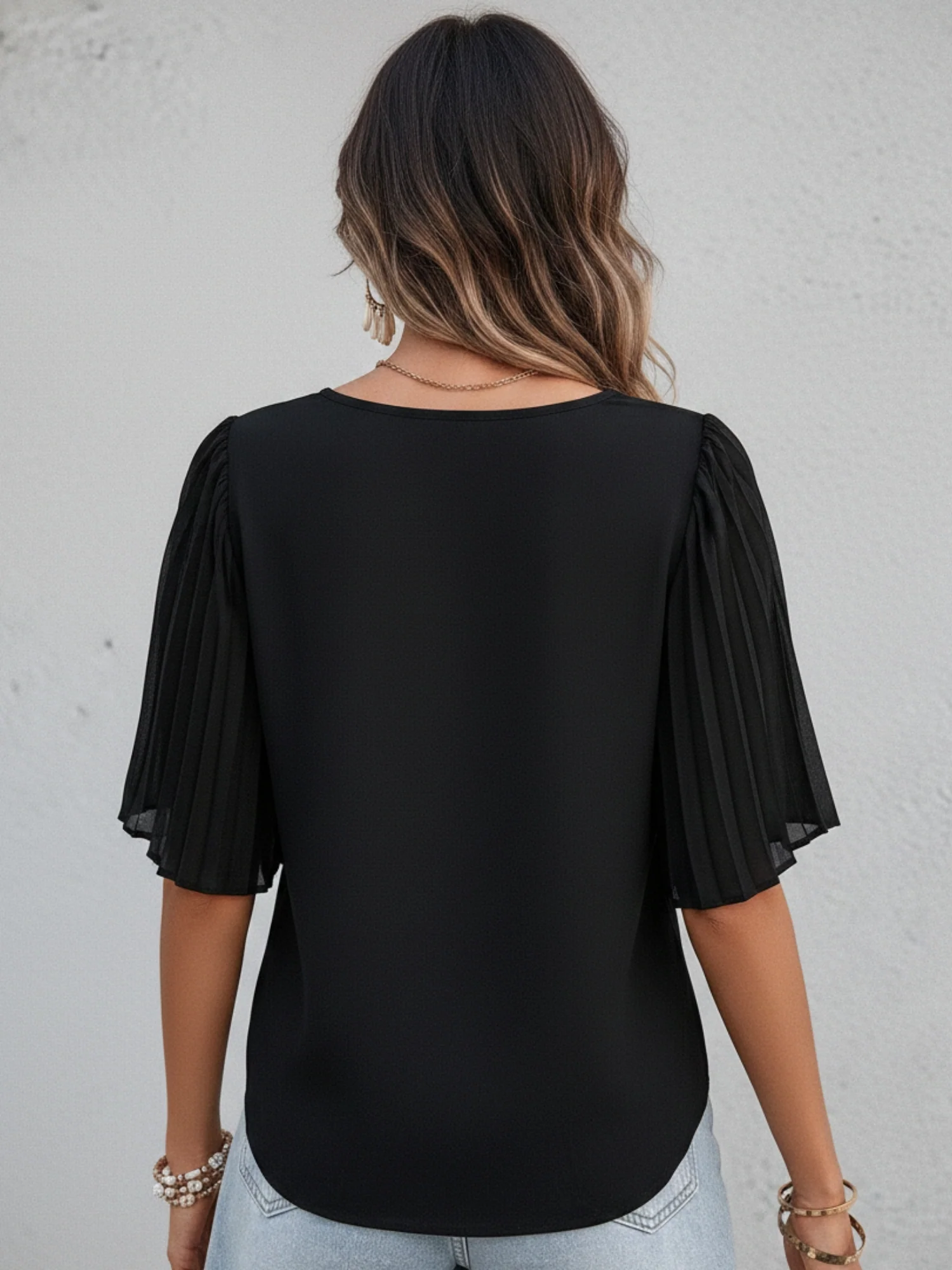 Black Flared Sleeve V Neck Top - Image 2
