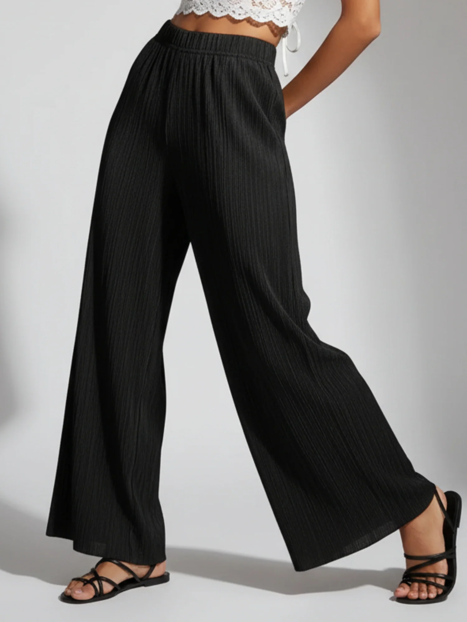 Black Flat Waistband Textured Wide Leg Trouser - Image 3