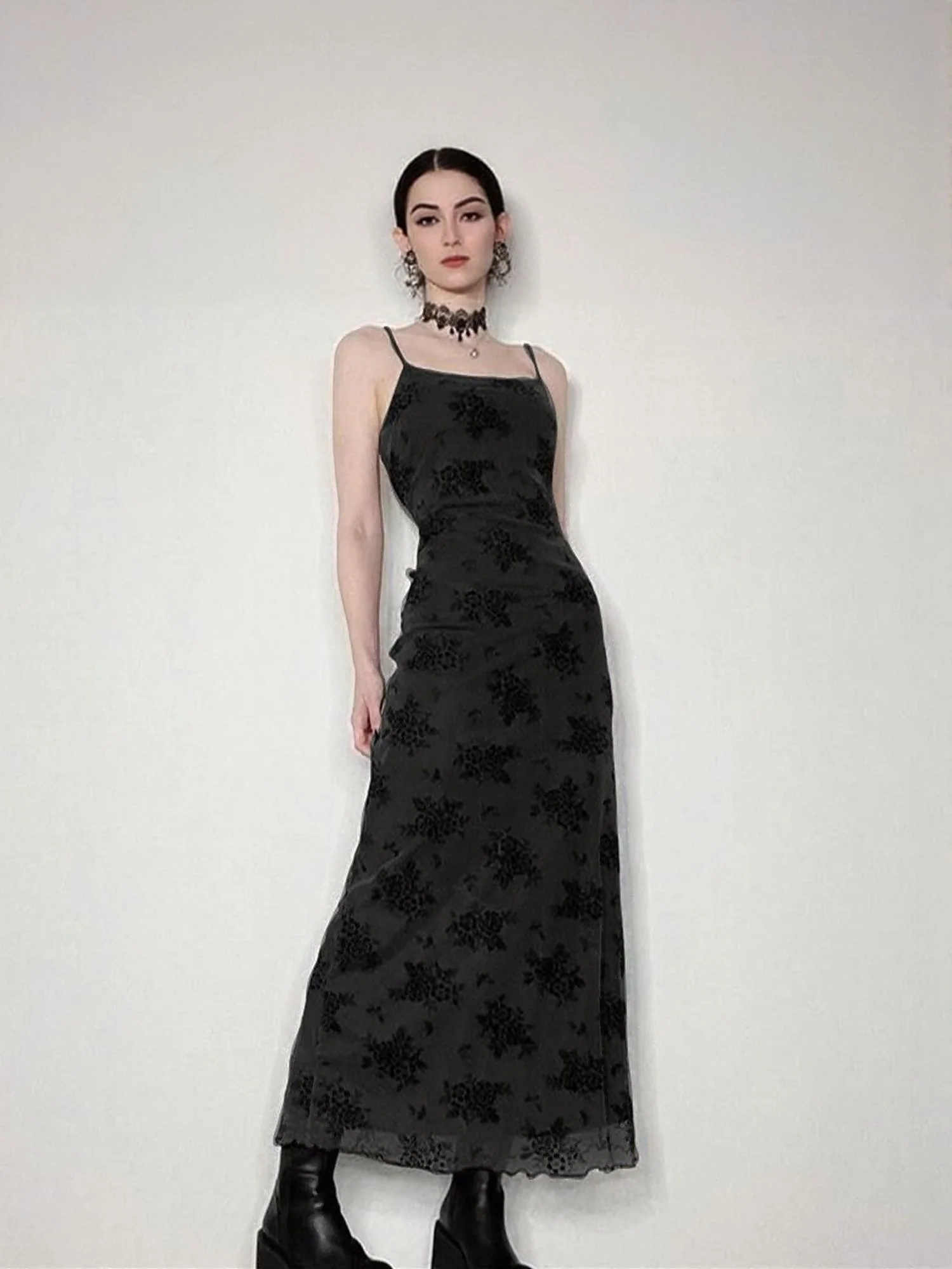 Black Floral Print Slip Maxi Dress