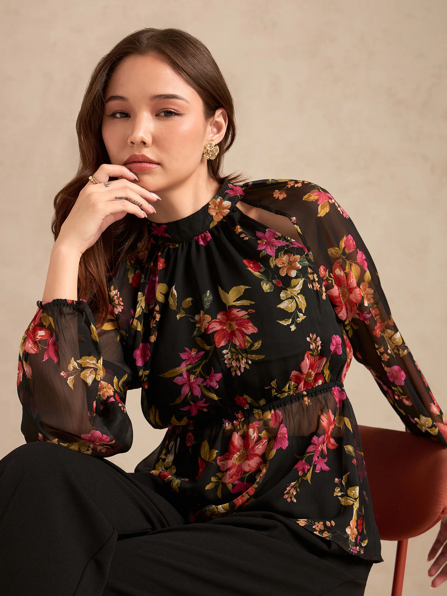 Black Floral Printed Blouse With Peplum Waist Detail - Image 2
