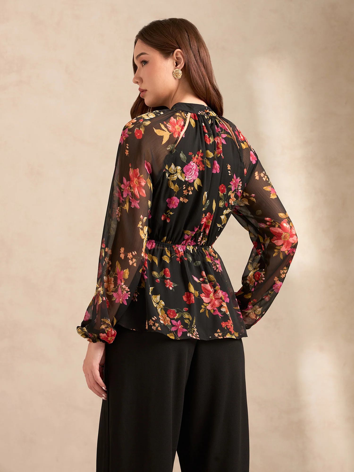 Black Floral Printed Blouse With Peplum Waist Detail - Image 7