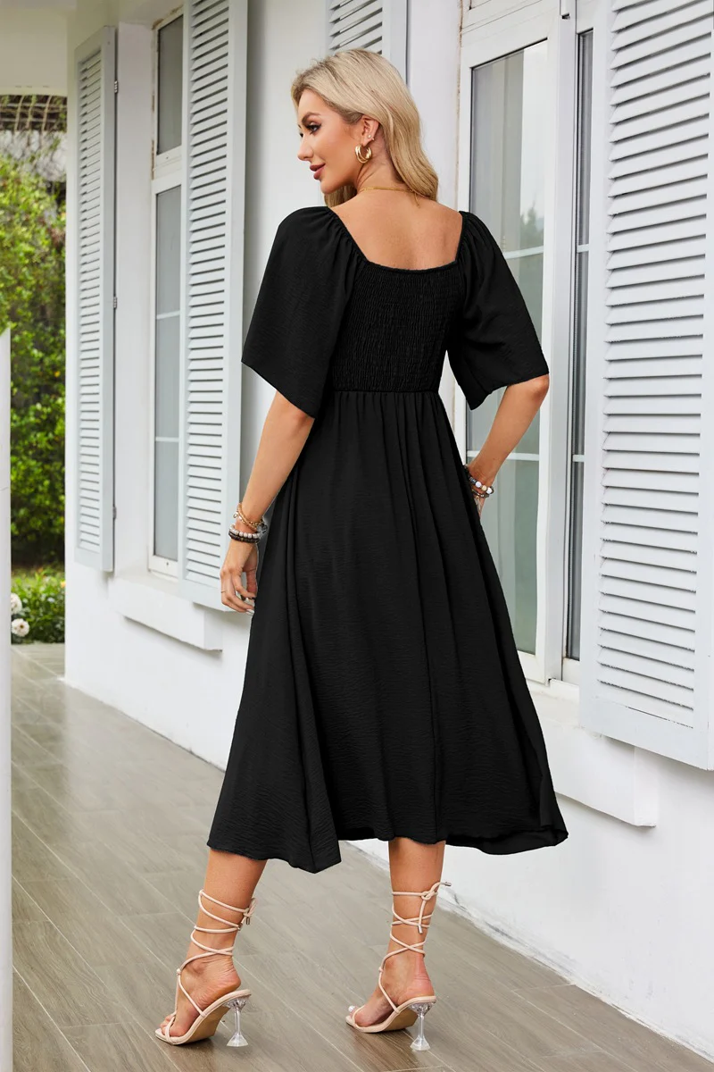 Black Flutter Sleeved Bow Detailed Neck Dress - Image 2