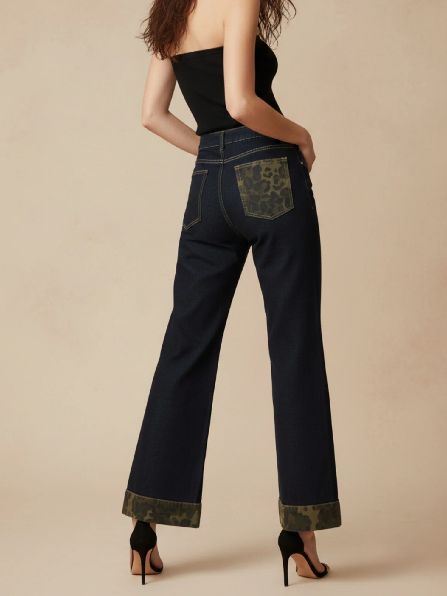 Black Folded Animal Printed Hem Jeans - Image 3