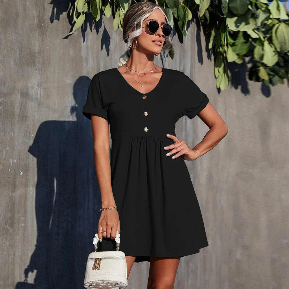 Black Front Buttoned Short Sleeve Dress - Image 3