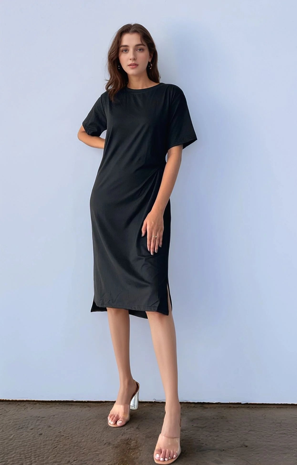 Black Front Knotting Midi Dress
