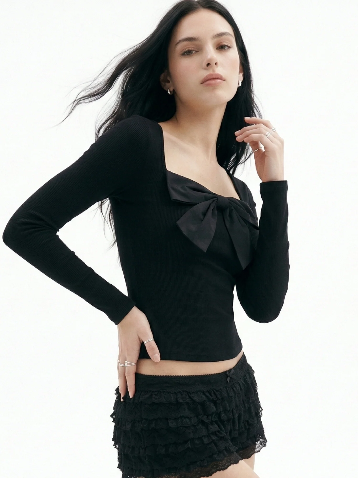 Black Full Sleeve Bow Detail Top - Image 4