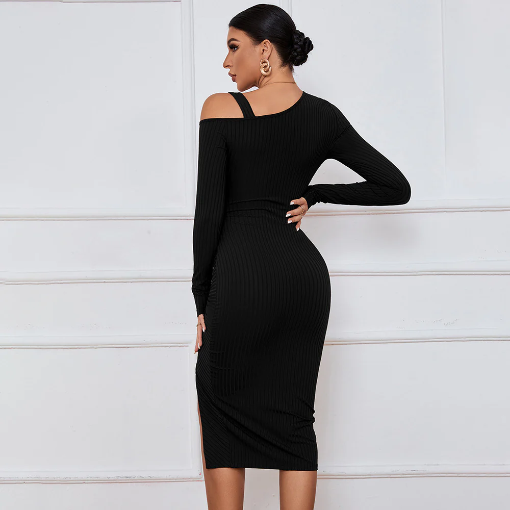 Black Full Sleeve Cold Shoulder Front Ruched Dress - Image 2