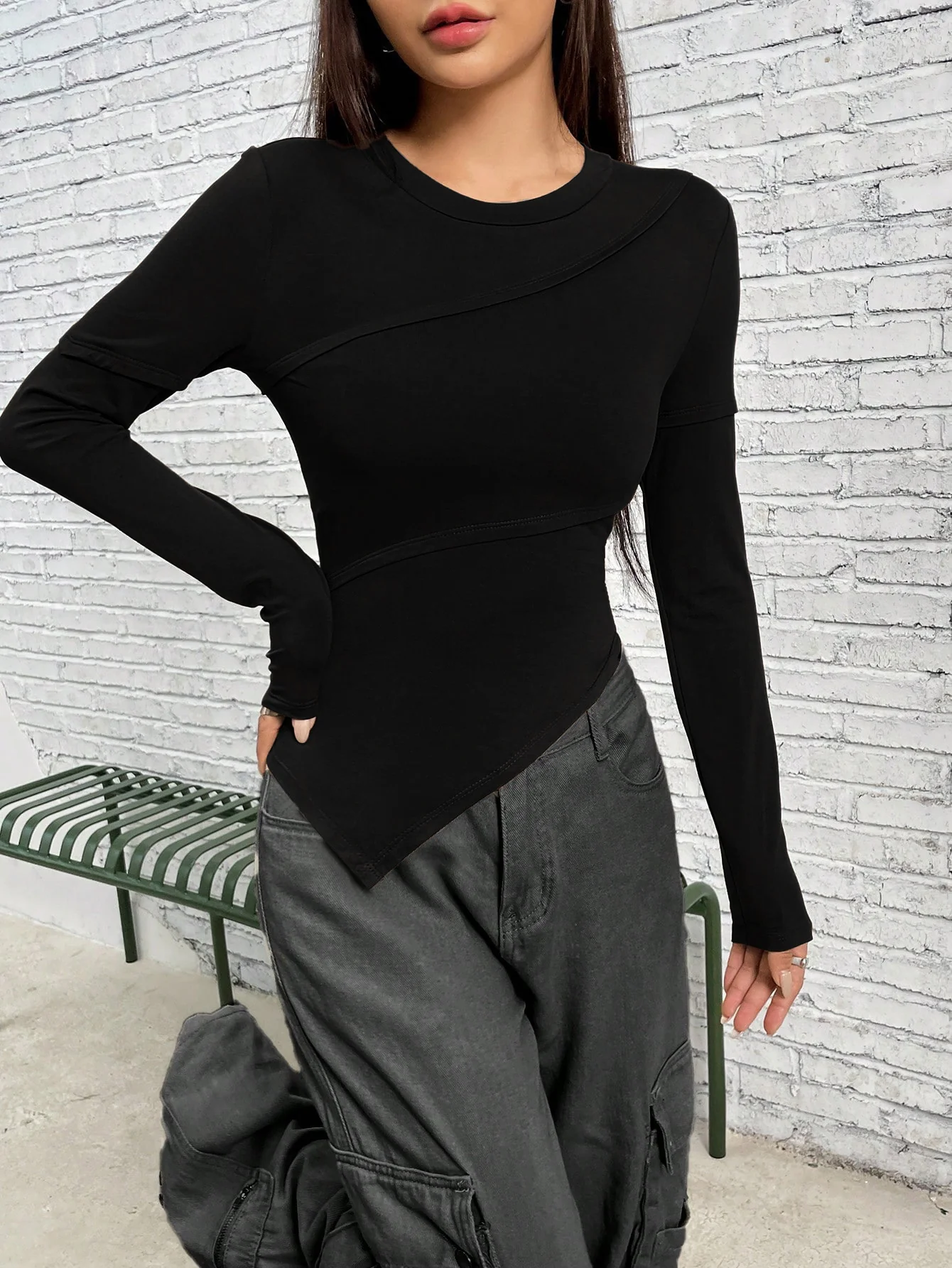Black Full Sleeve Fitted Top With Asymmetric Top