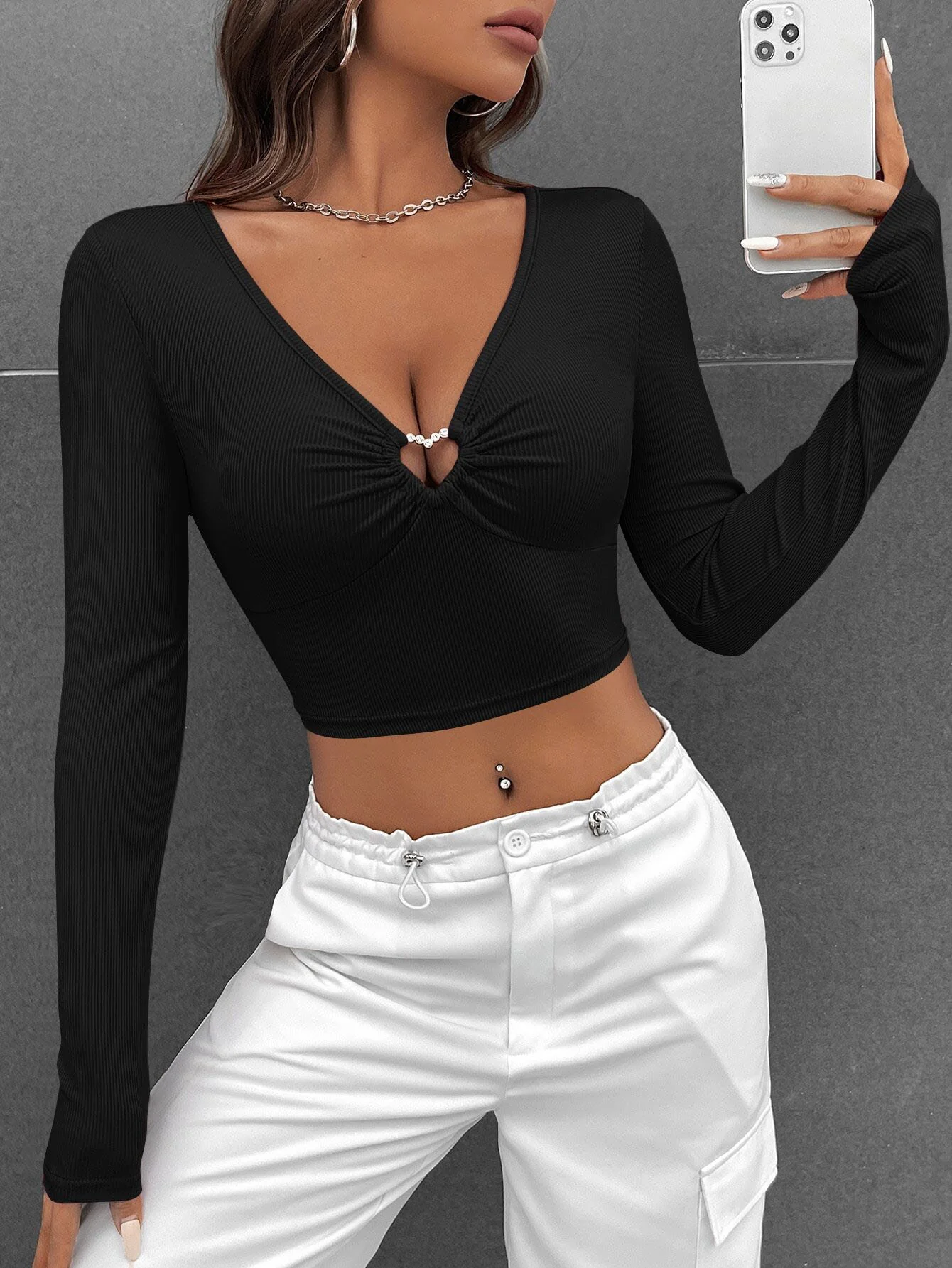 Black Full Sleeve Front Buckle Top - Image 3