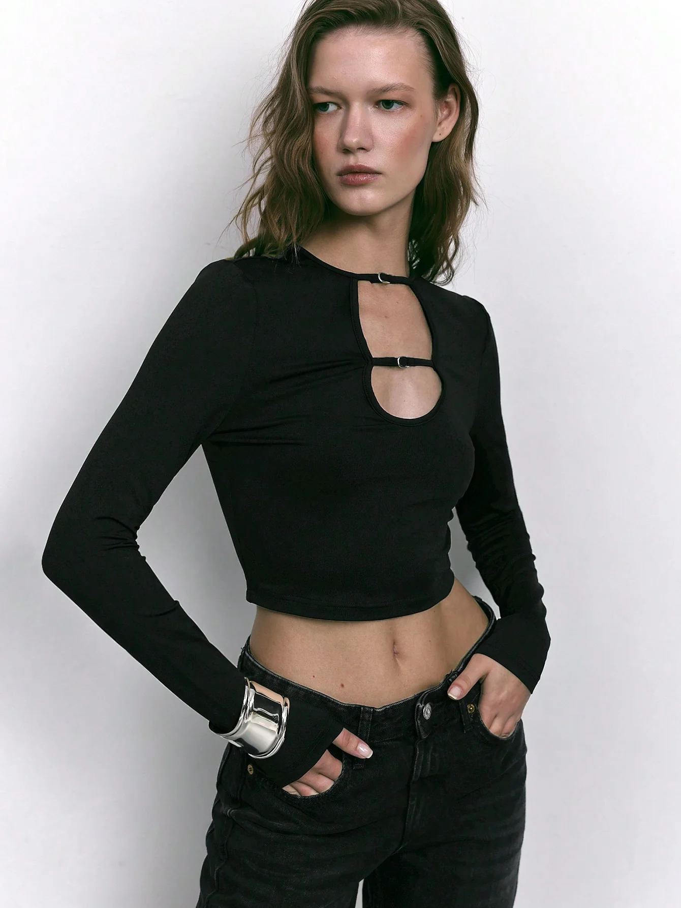 Black Full Sleeve Front Metal Buckle Top - Image 4