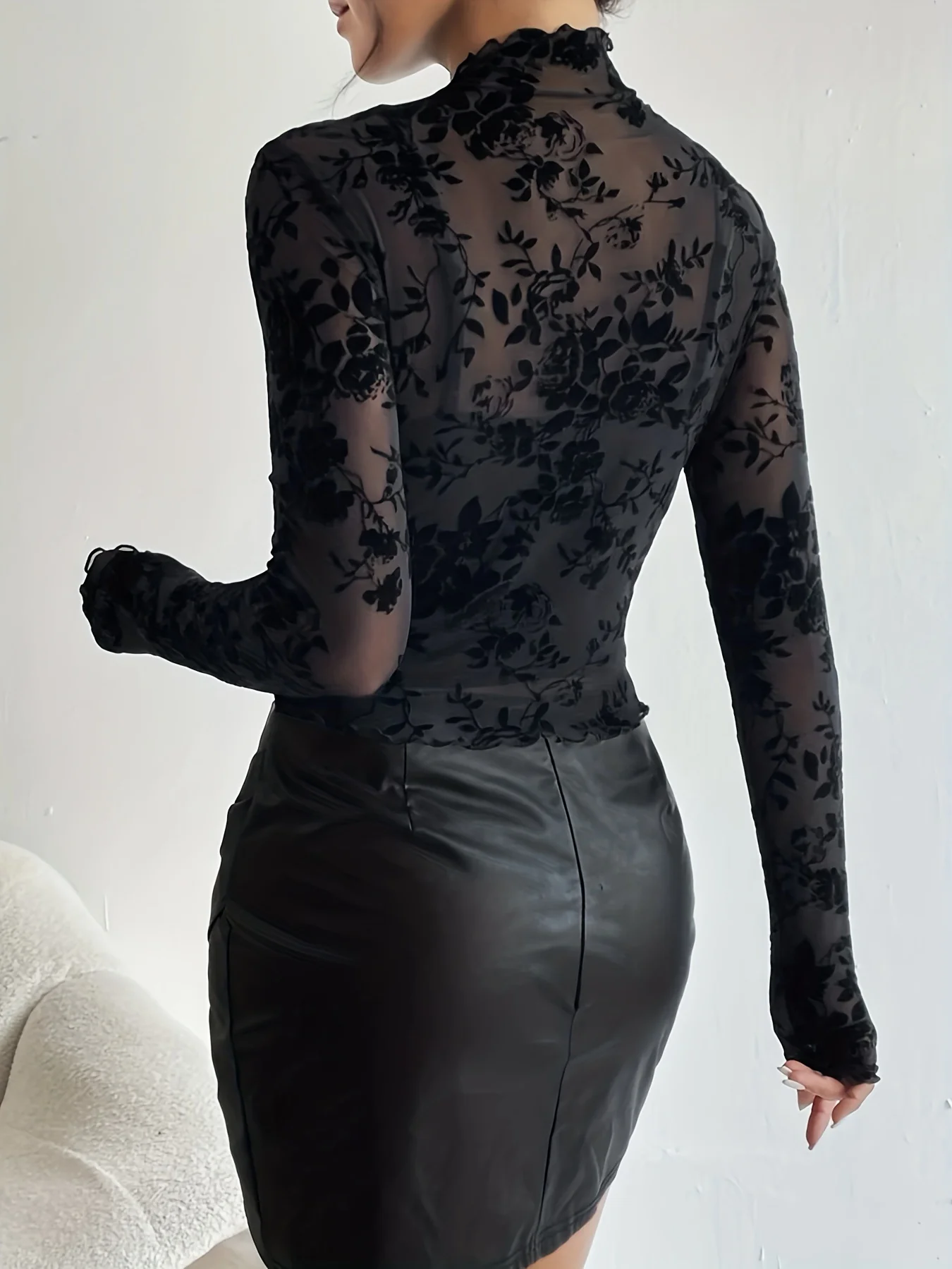 Black Full Sleeve High Neck Mesh Top - Image 3