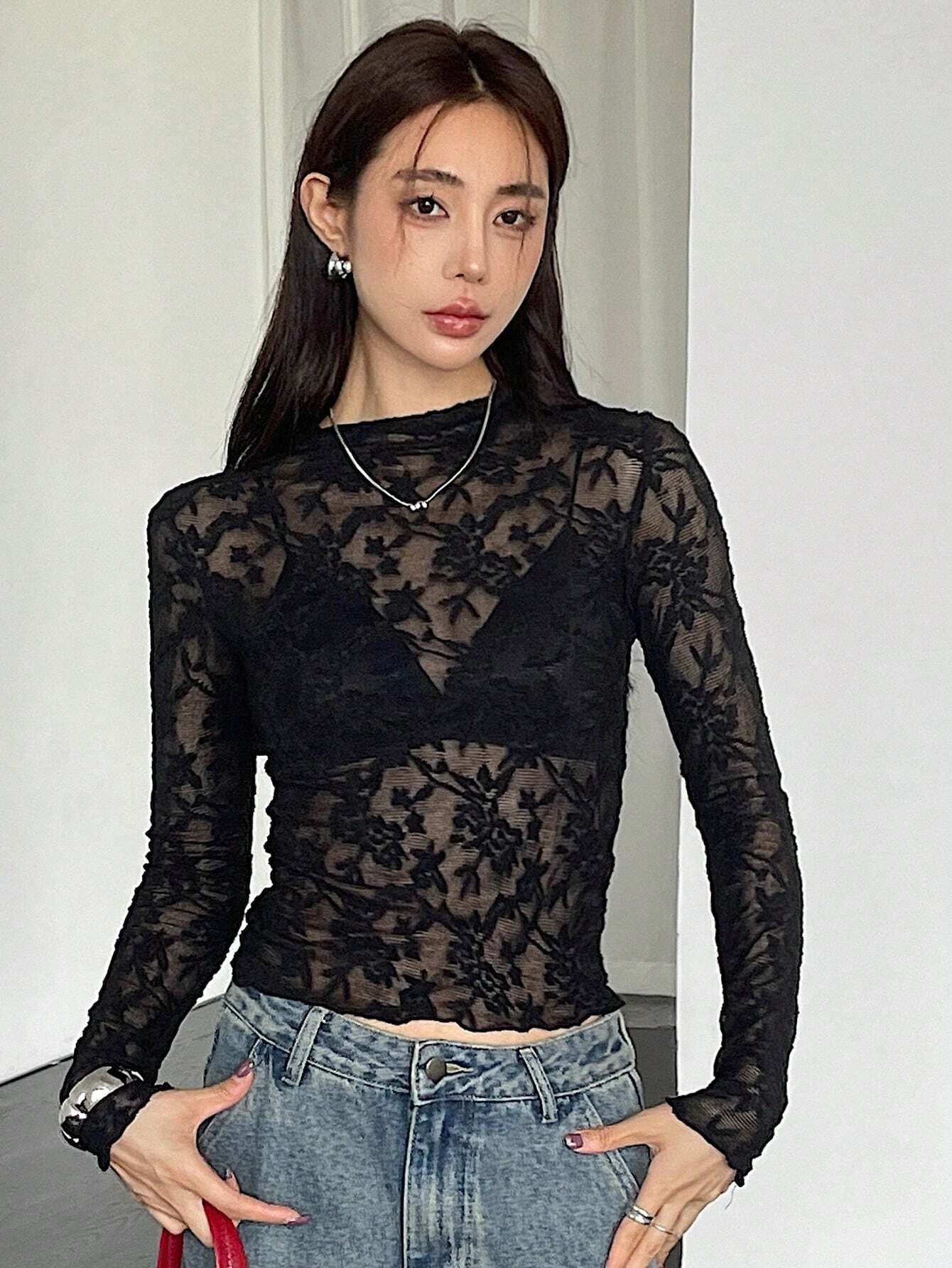 Black Full Sleeve High Neck Semi Sheer Top