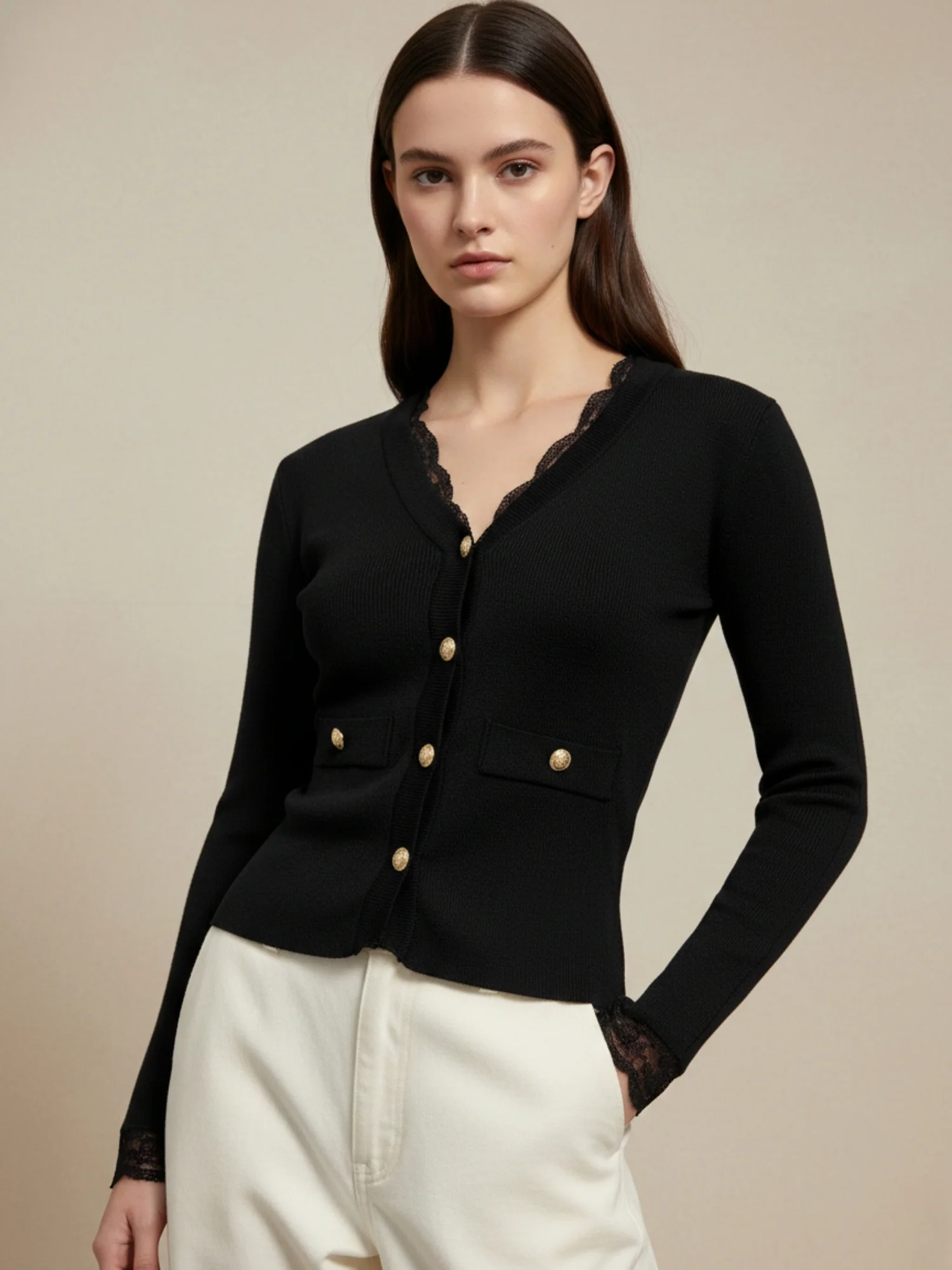 Black Full Sleeve Lace Hem Front Buttoned Top