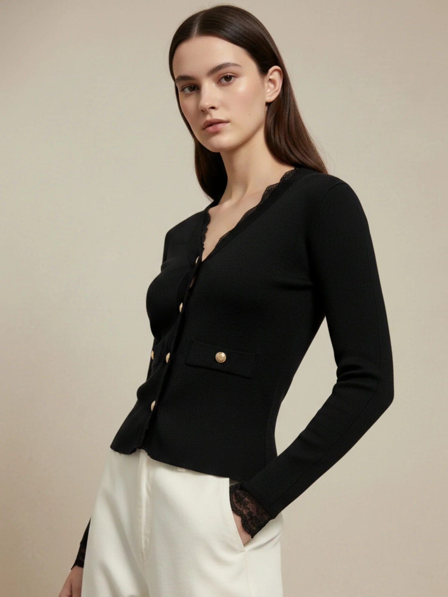 Black Full Sleeve Lace Hem Front Buttoned Top - Image 3