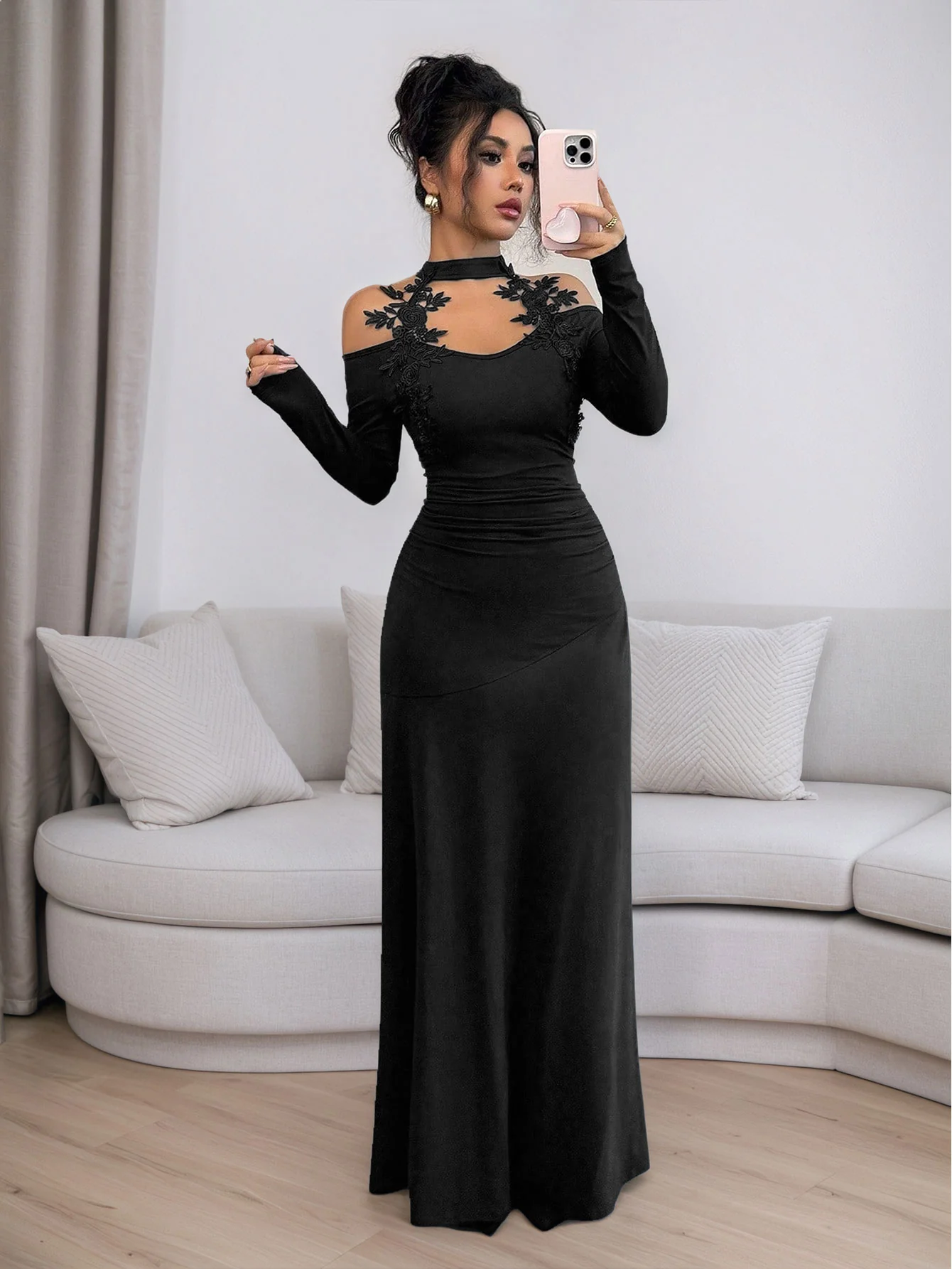 Black Full Sleeve Lace Neck Detail Dress - Image 3