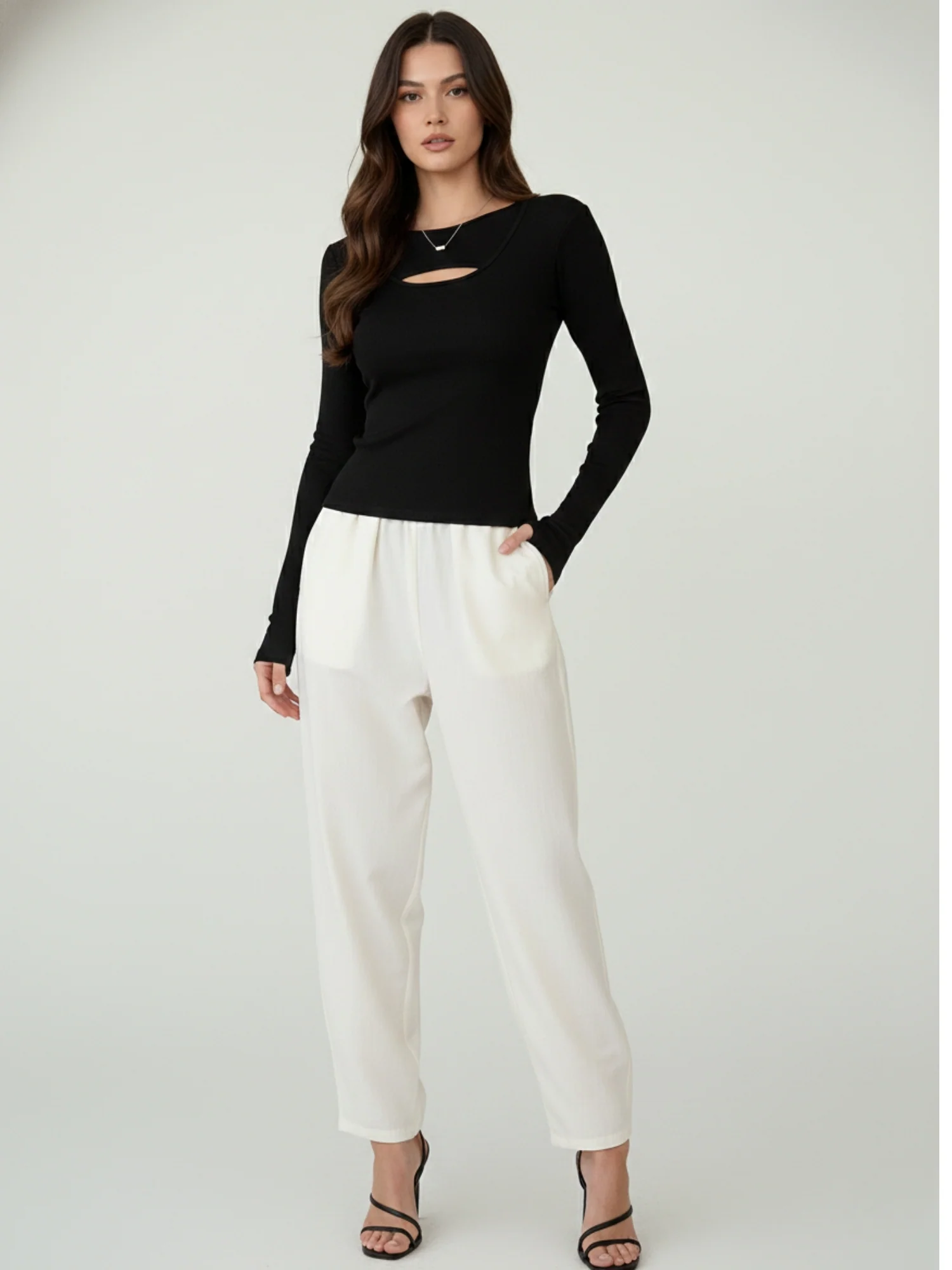 Black Full Sleeve Neck Cut-Out Fitted Top - Image 3
