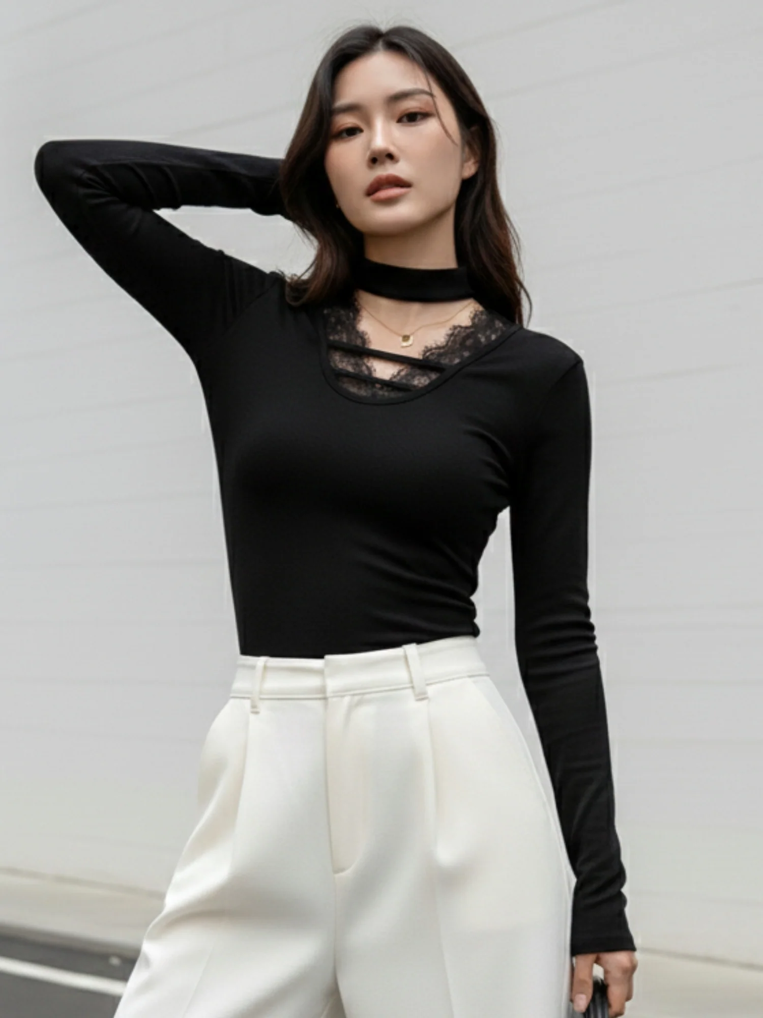 Black Full Sleeve Neck Detail Fitted Top