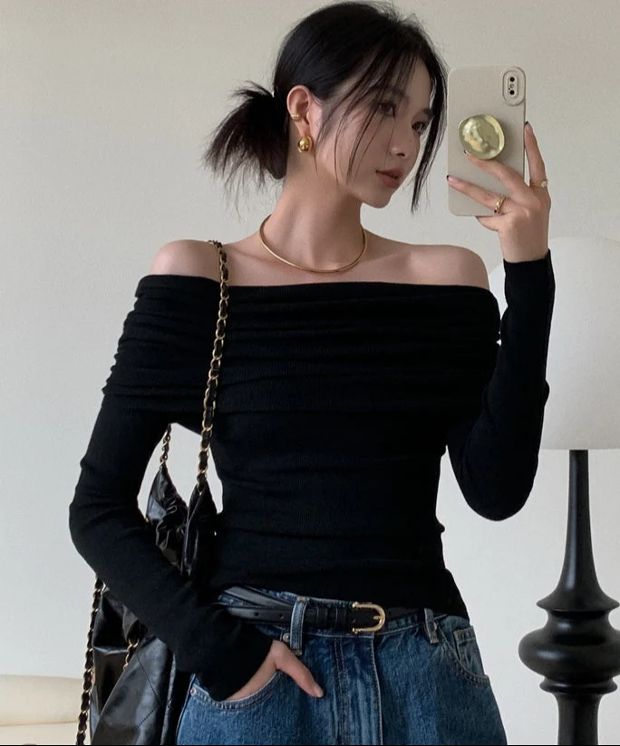 Black Full Sleeve Off Shoulder Twisted Neck Fitted Top - Image 2
