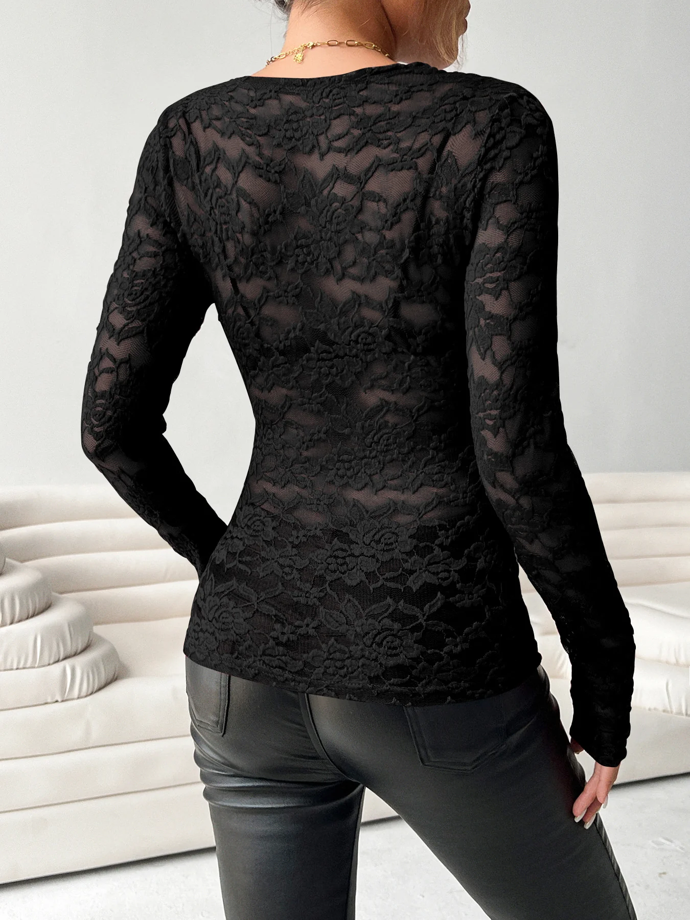 Black Full Sleeve Plunging Neck Mesh Top - Image 2