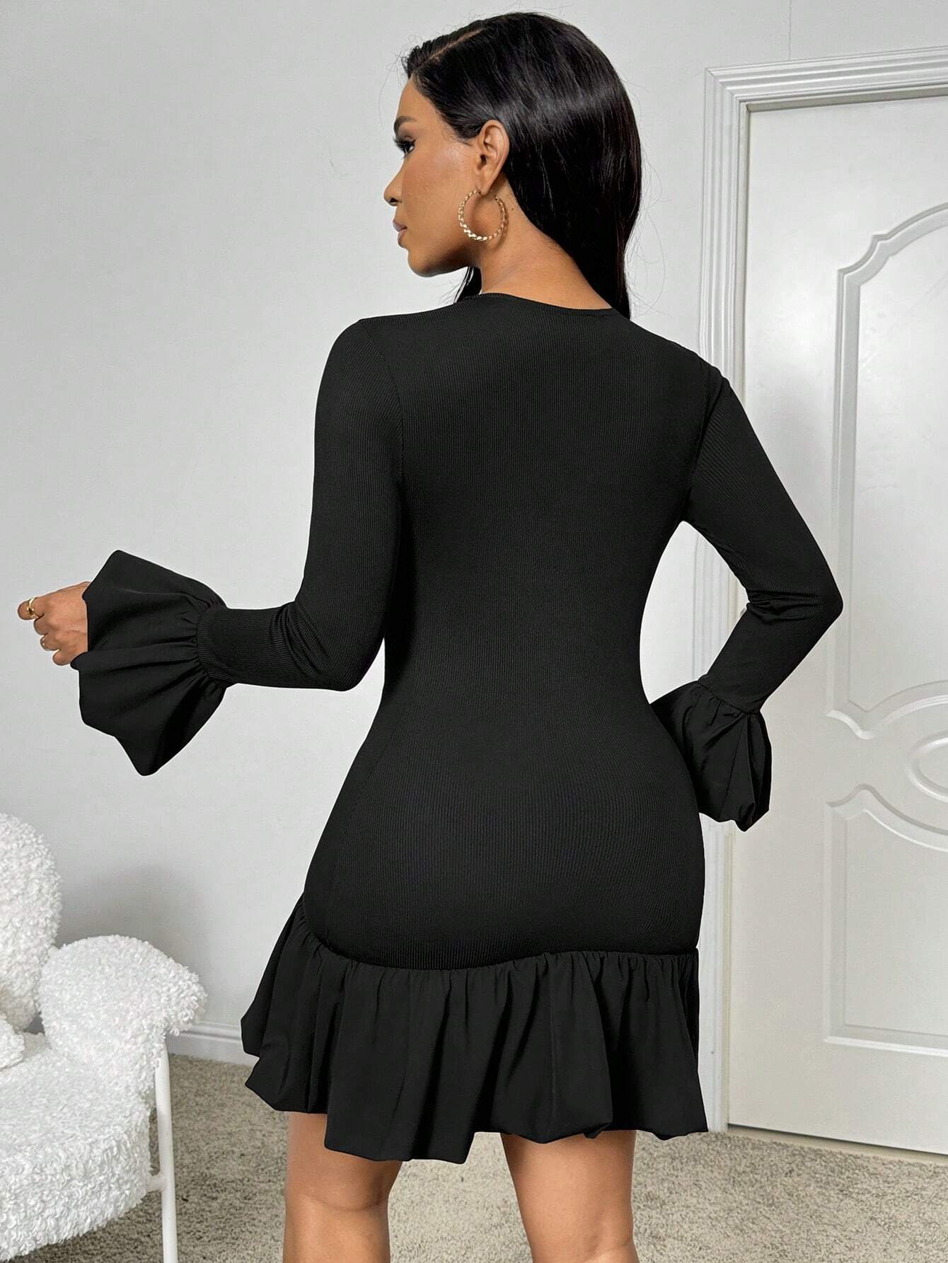 Black Full Sleeve Ruffle Hem Dress - Image 2